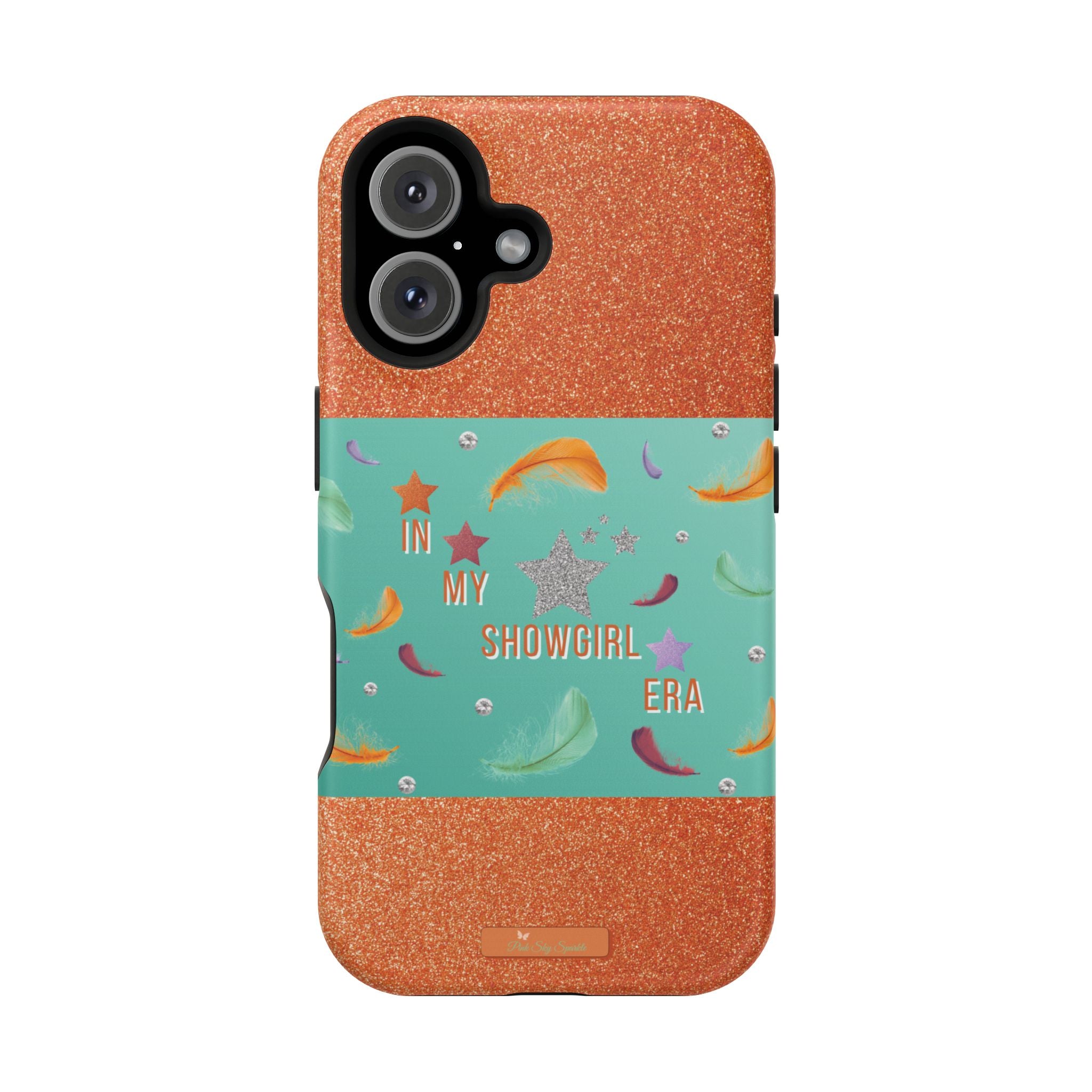 Taylor Swift Themed Phone Case with faux orange glitter and teal/mint green section the middle with feathers and diamonds and the word In my Showgirl Era.