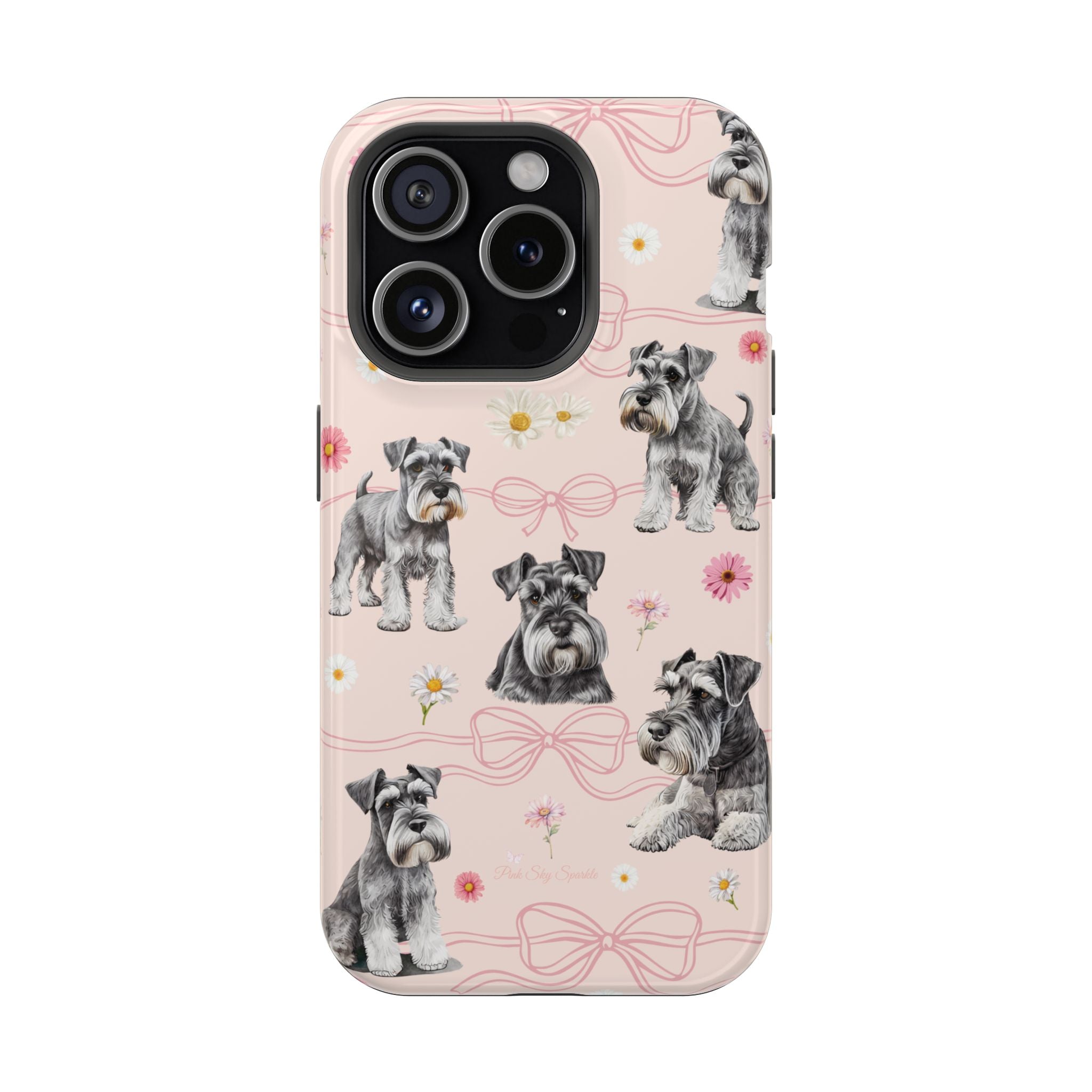 Daisy Dog Magnetic iPhone Case featuring Schnauzer and pink floral pattern.