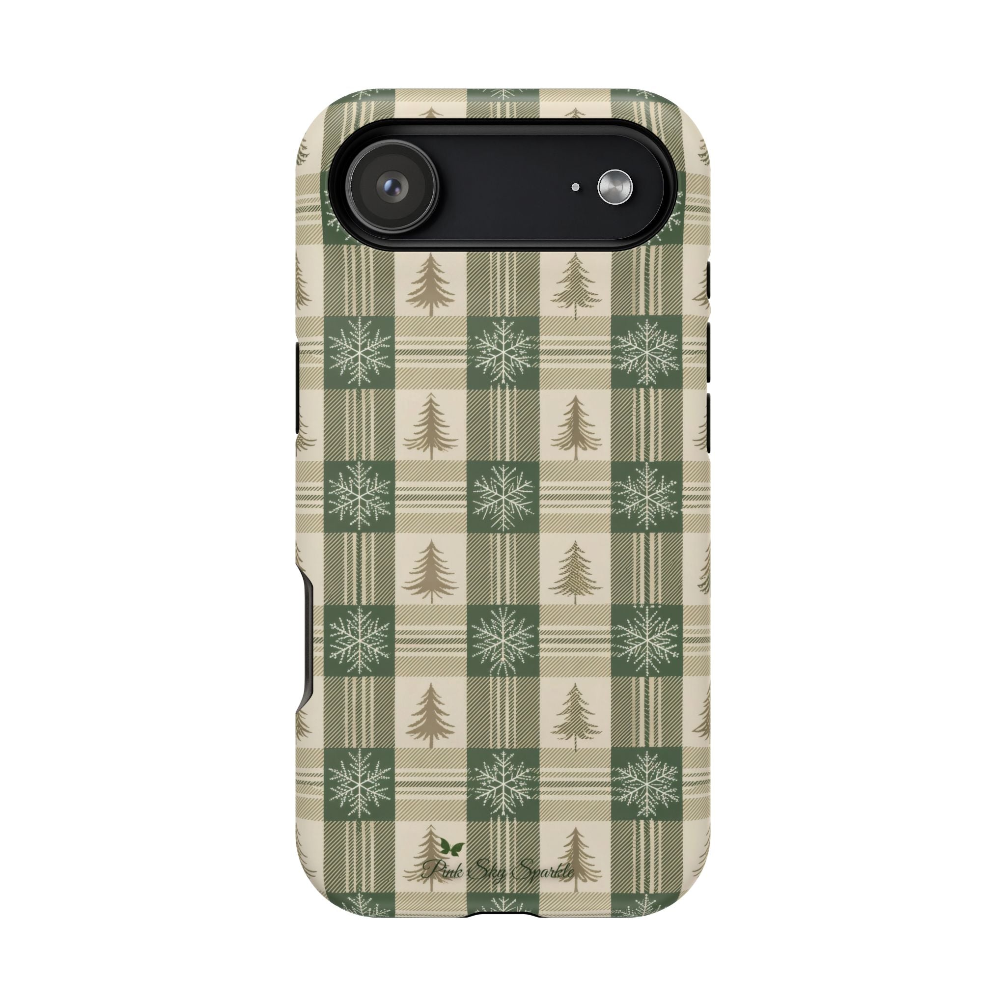 Winter Forest Magnetic iPhone Case – Green Plaid Snowflake Pattern