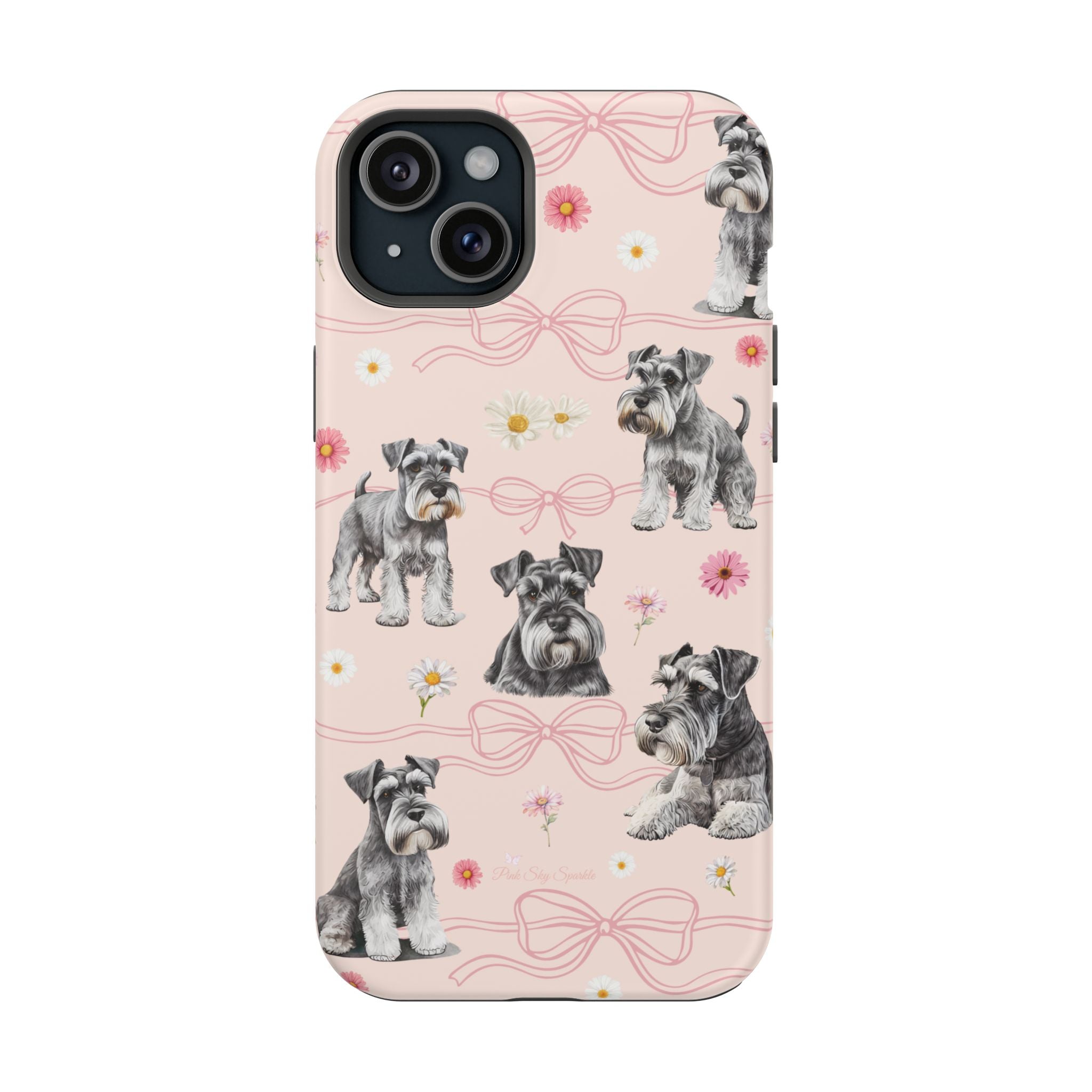 Daisy Dog Magnetic iPhone Case featuring Schnauzer and pink floral pattern.
