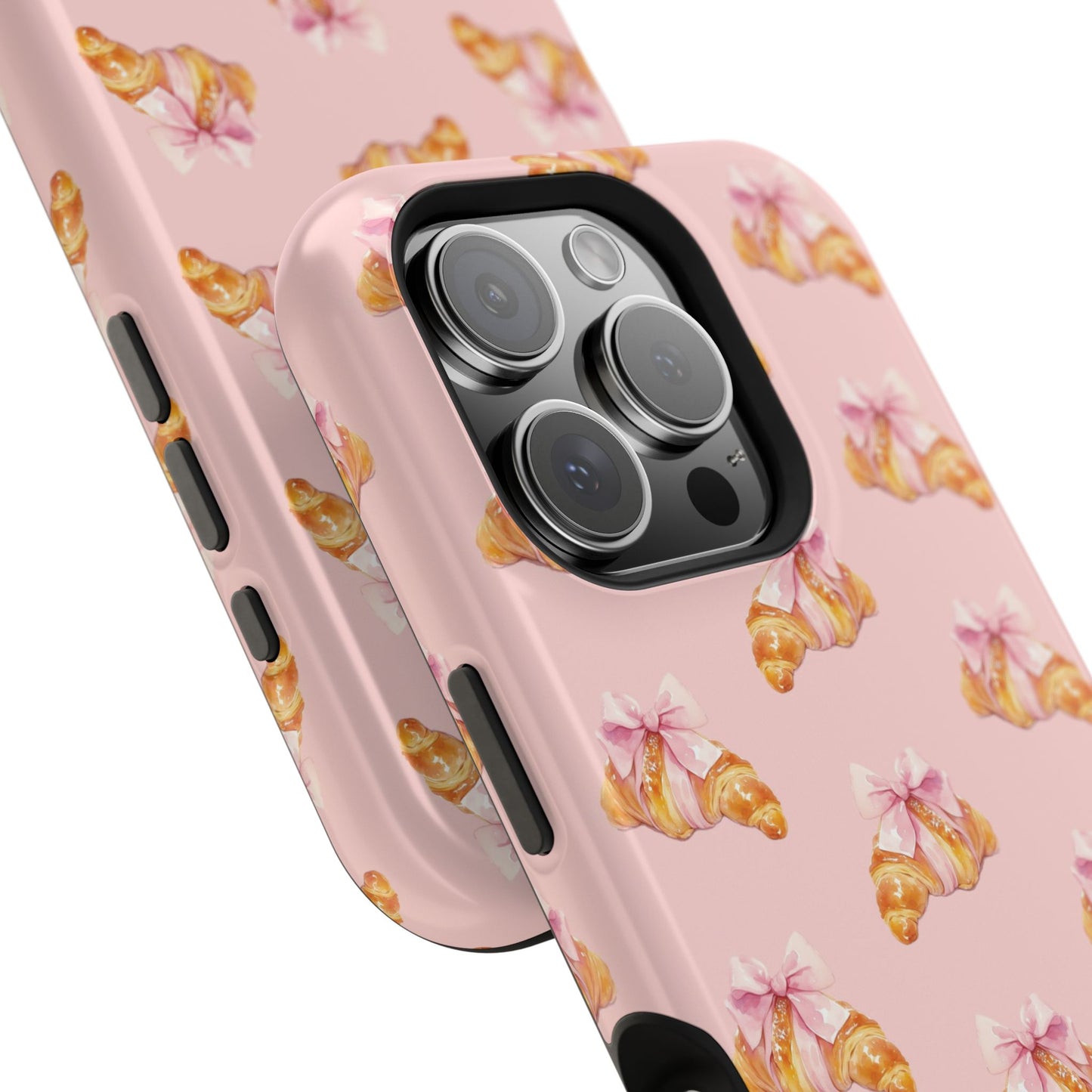 Sweet & Flaky Magnetic iPhone Case – Pink Croissant Pattern with Bows