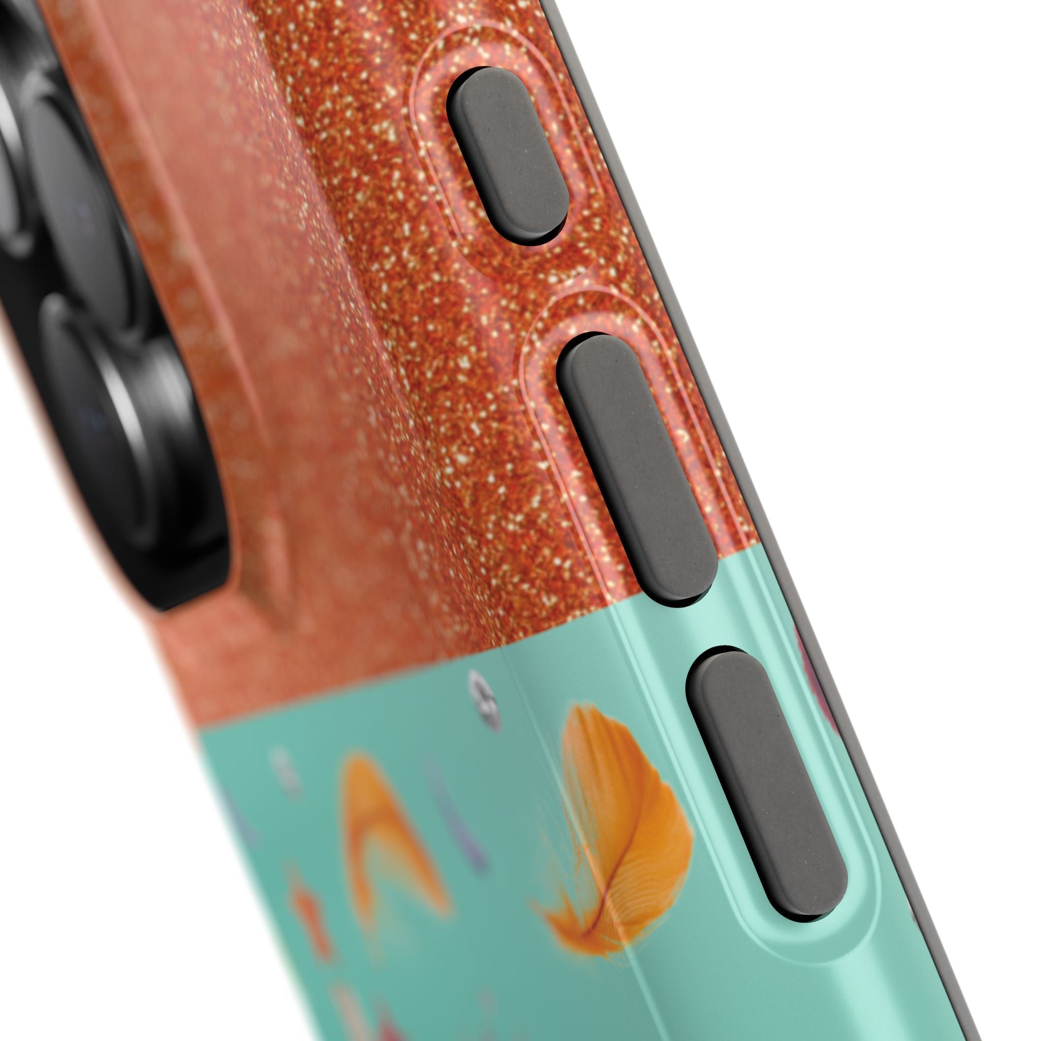 Taylor Swift Themed Phone Case with faux orange glitter and teal/mint green section the middle with feathers and diamonds and the word In my Showgirl Era.