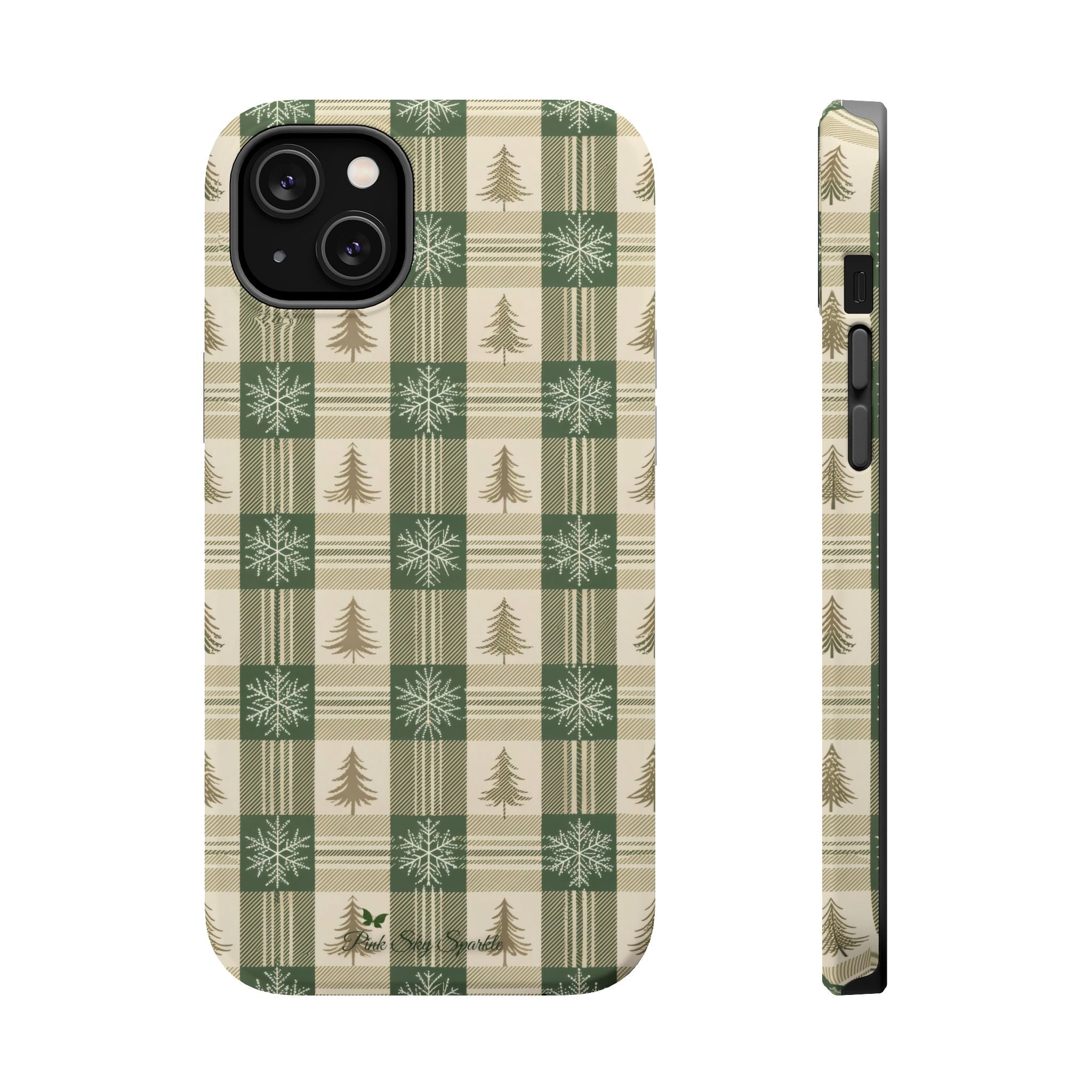 Winter Forest Magnetic iPhone Case – Green Plaid Snowflake Pattern