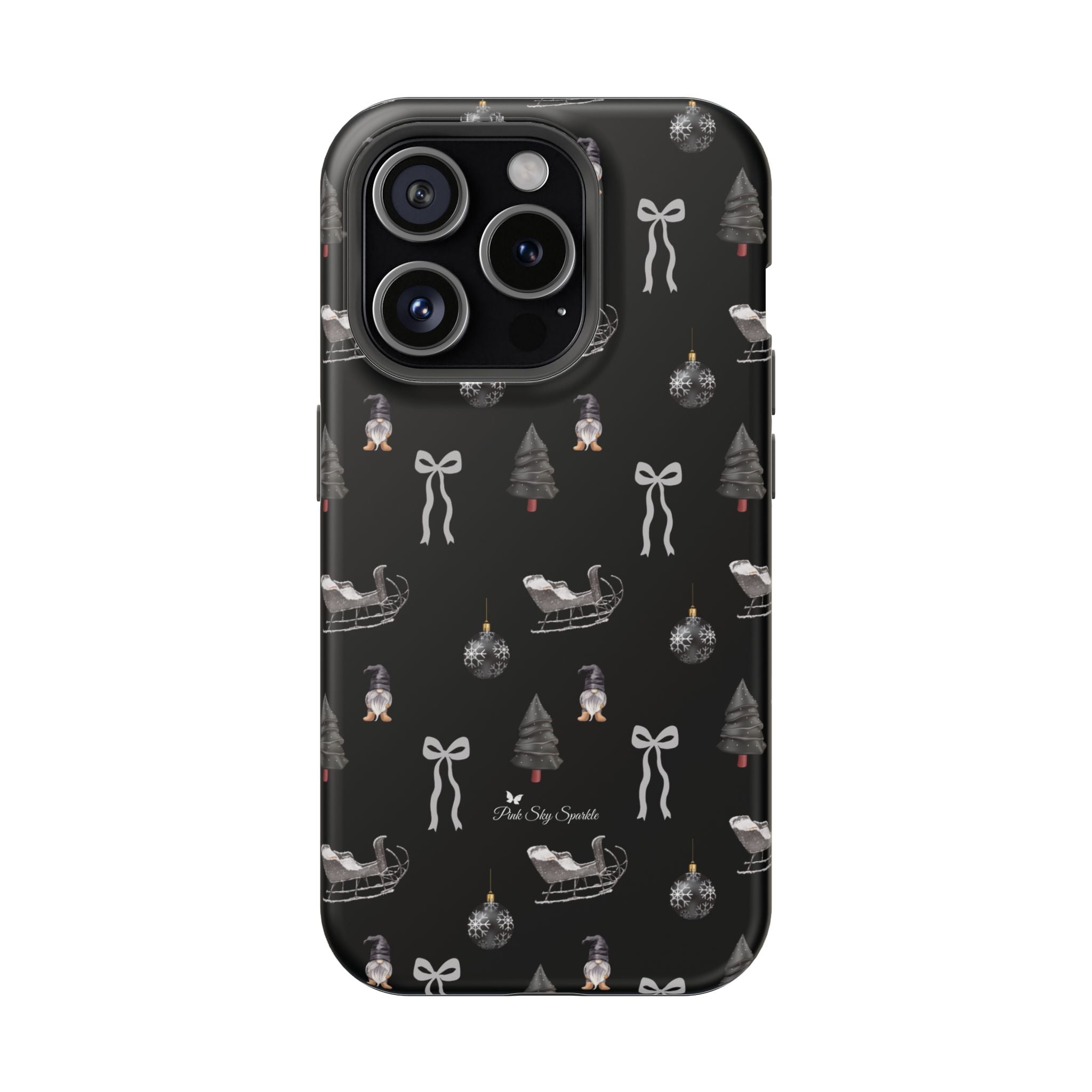 Sleek black iPhone case with silver Christmas sleigh, bows, and ornaments pattern