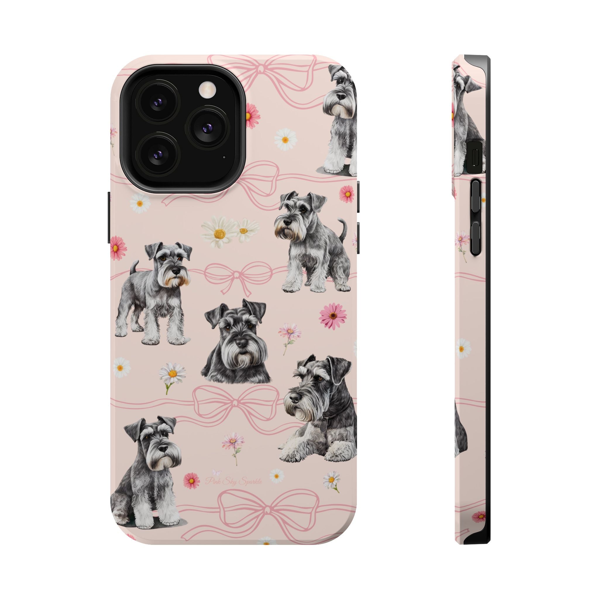 Daisy Dog Magnetic iPhone Case featuring Schnauzer and pink floral pattern.