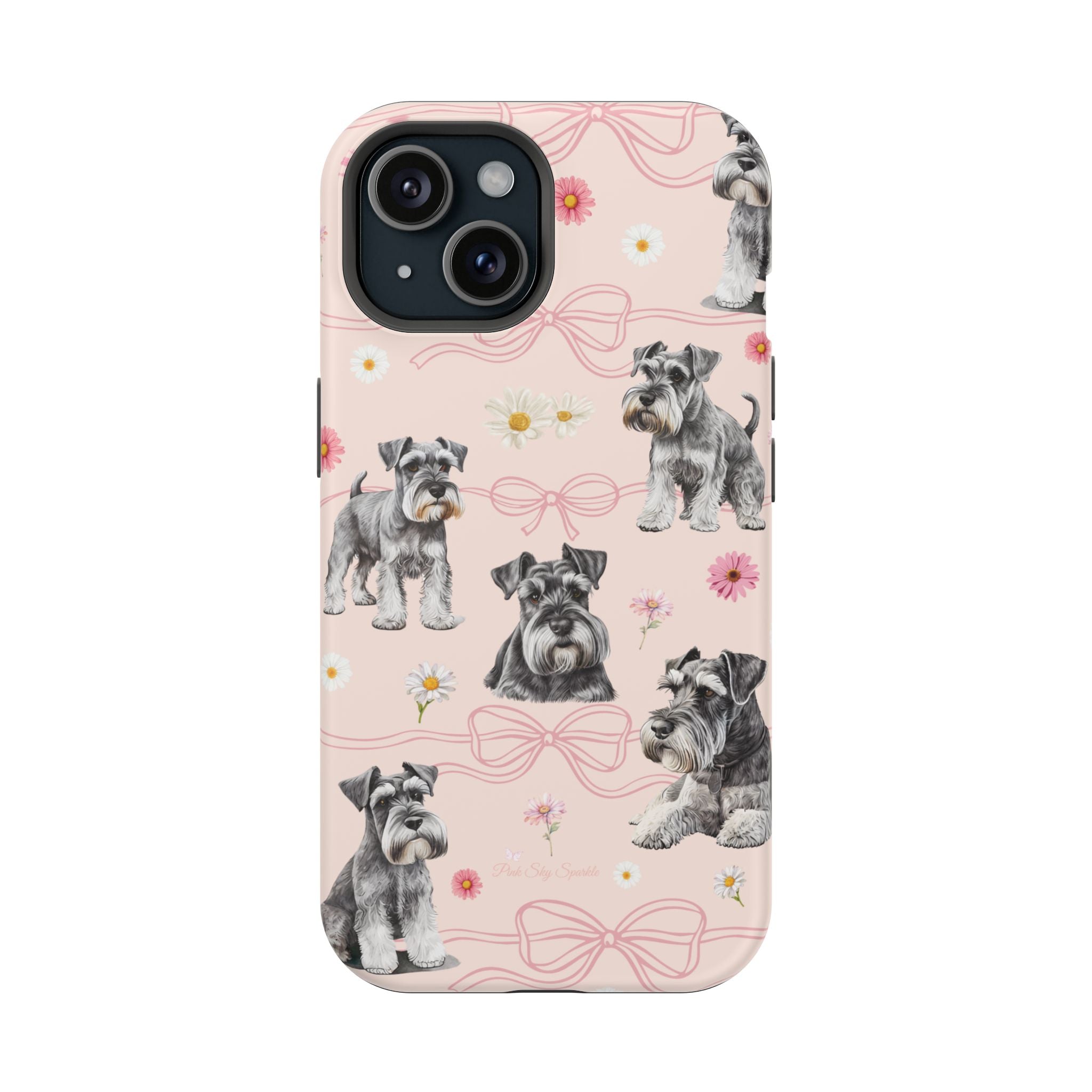 Daisy Dog Magnetic iPhone Case featuring Schnauzer and pink floral pattern.