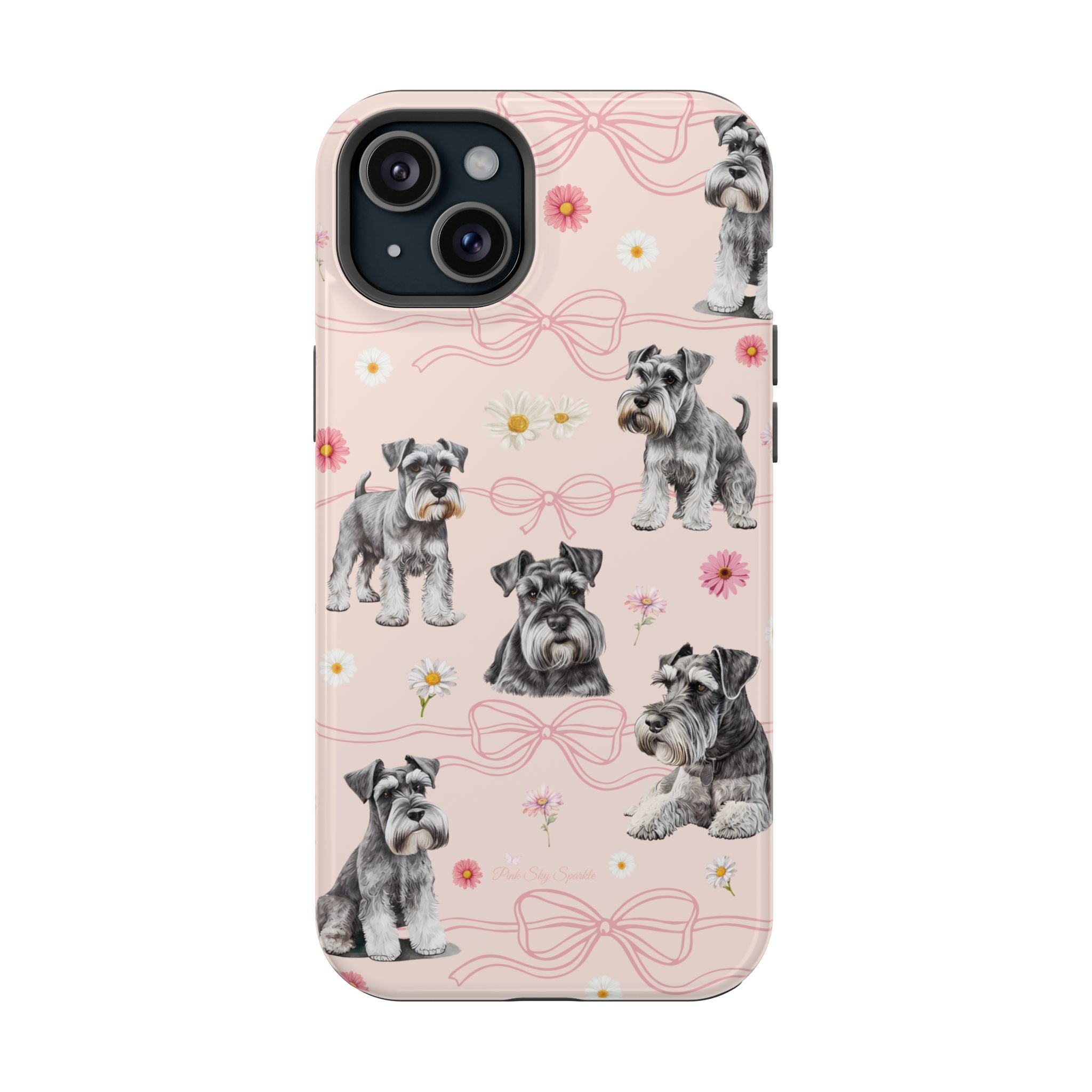 Daisy Dog Magnetic iPhone Case featuring Schnauzer and pink floral pattern.
