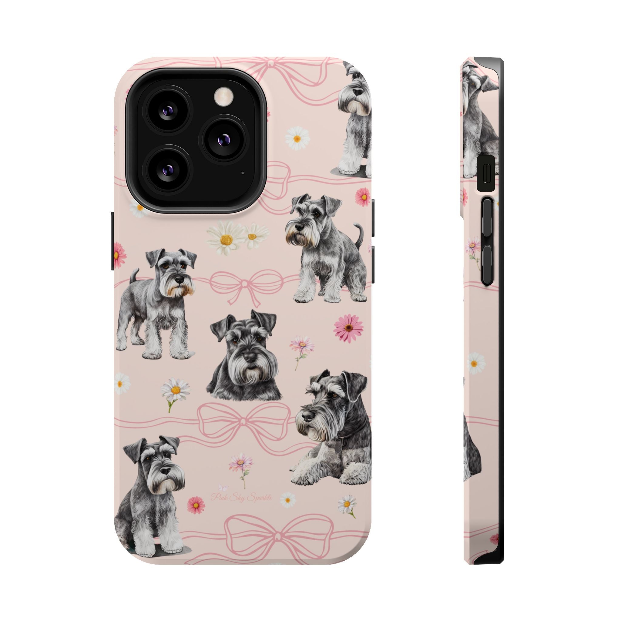 Daisy Dog Magnetic iPhone Case featuring Schnauzer and pink floral pattern.