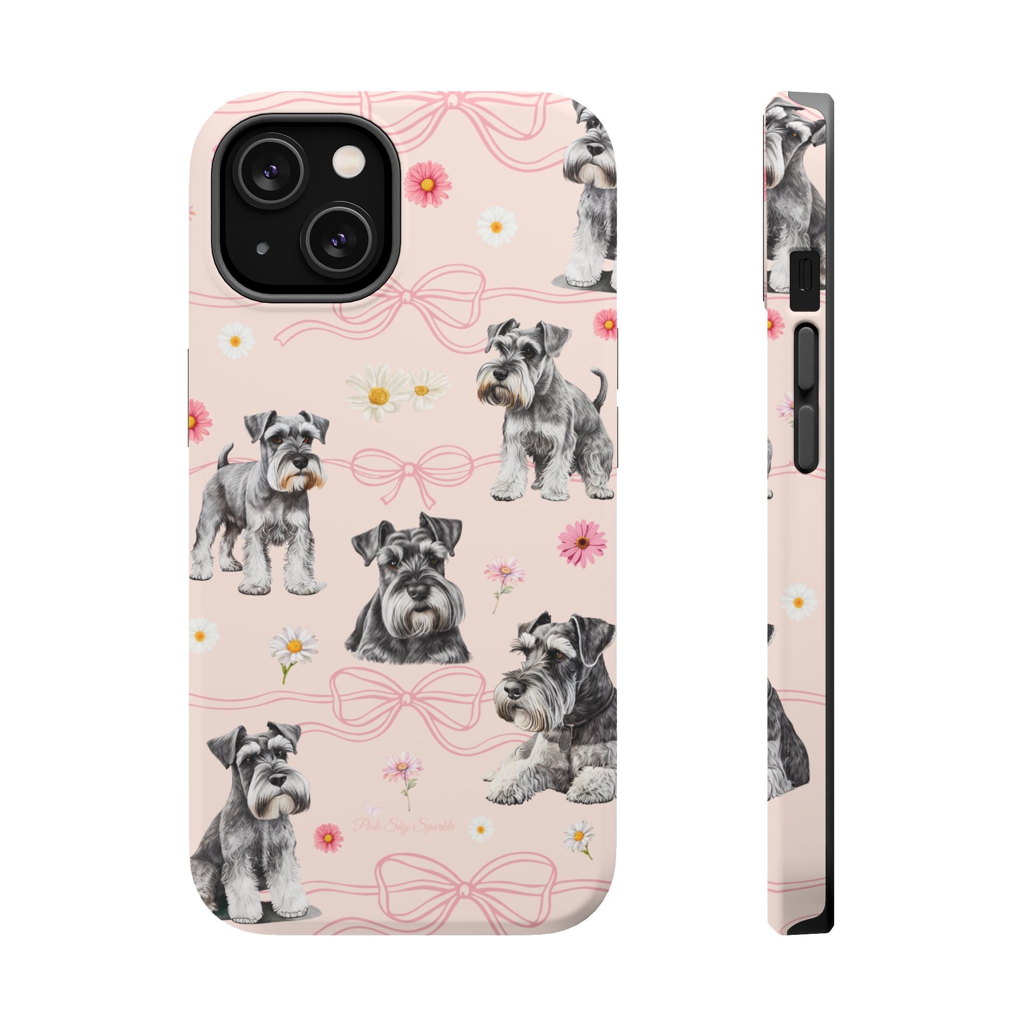 Daisy Dog Magnetic iPhone Case featuring Schnauzer and pink floral pattern.