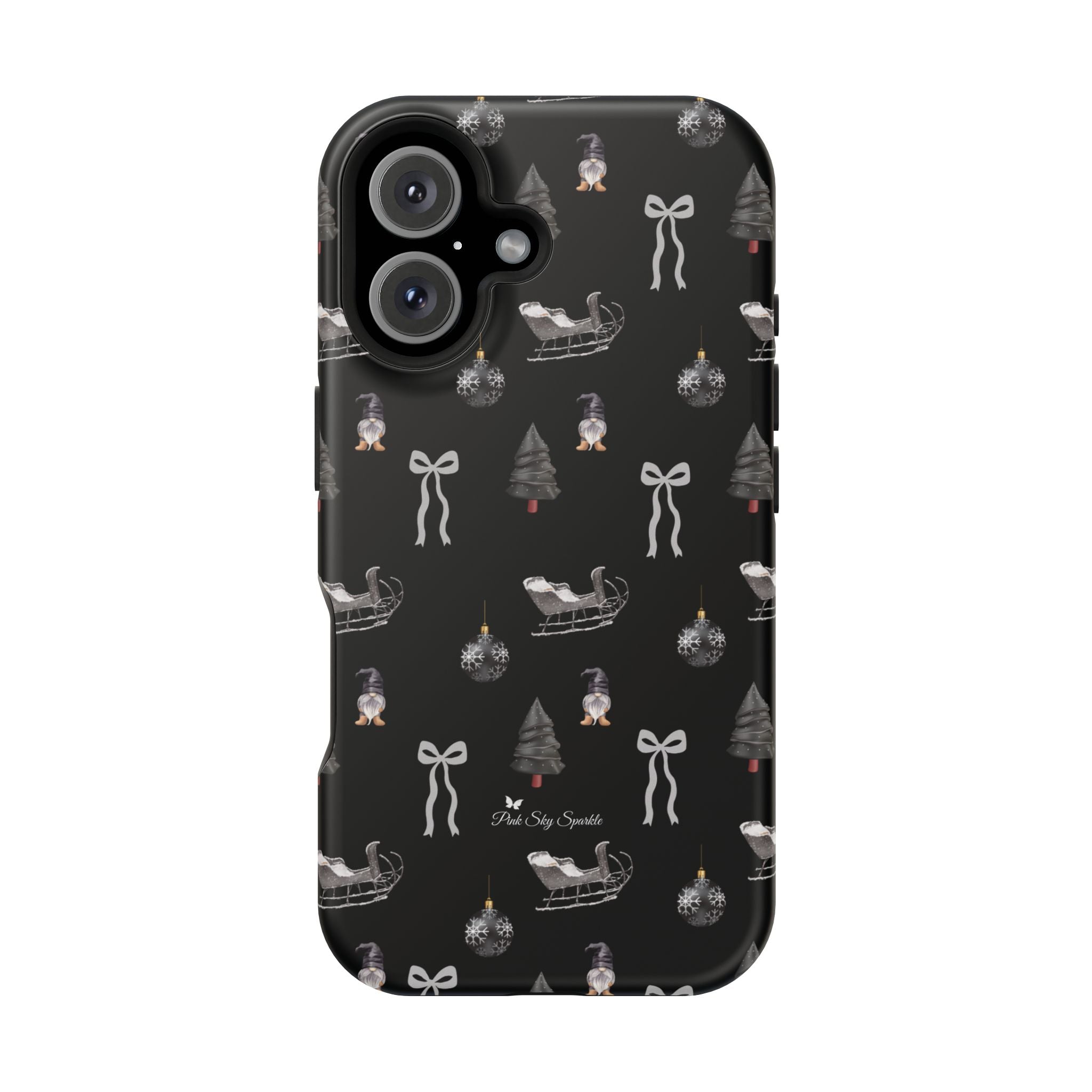 Holiday phone case in grey and black with festive sleigh and tree design