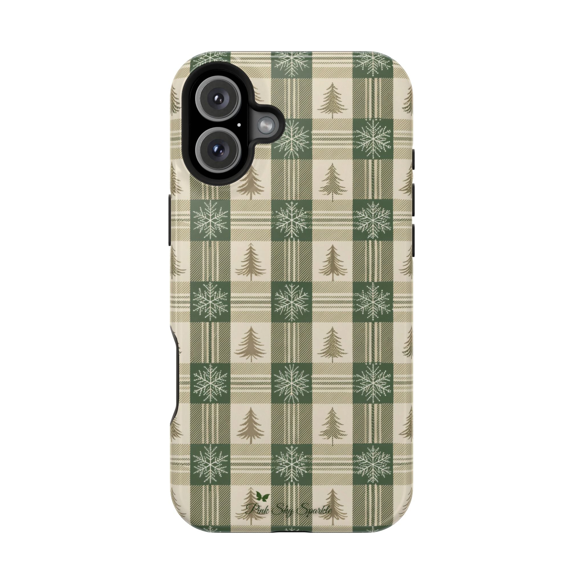 Winter Forest Magnetic iPhone Case – Green Plaid Snowflake Pattern