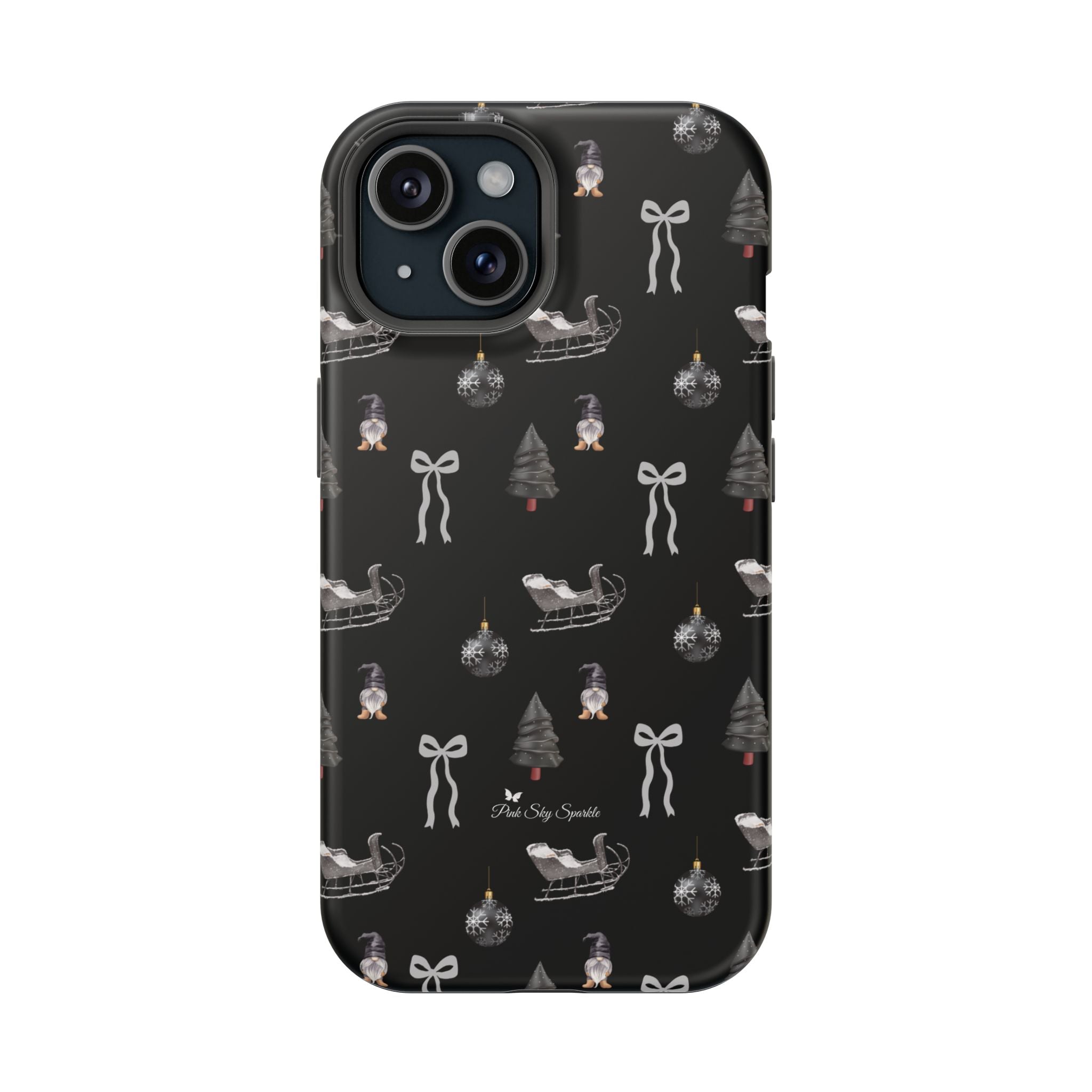Sleek black iPhone case with silver Christmas sleigh, bows, and ornaments pattern