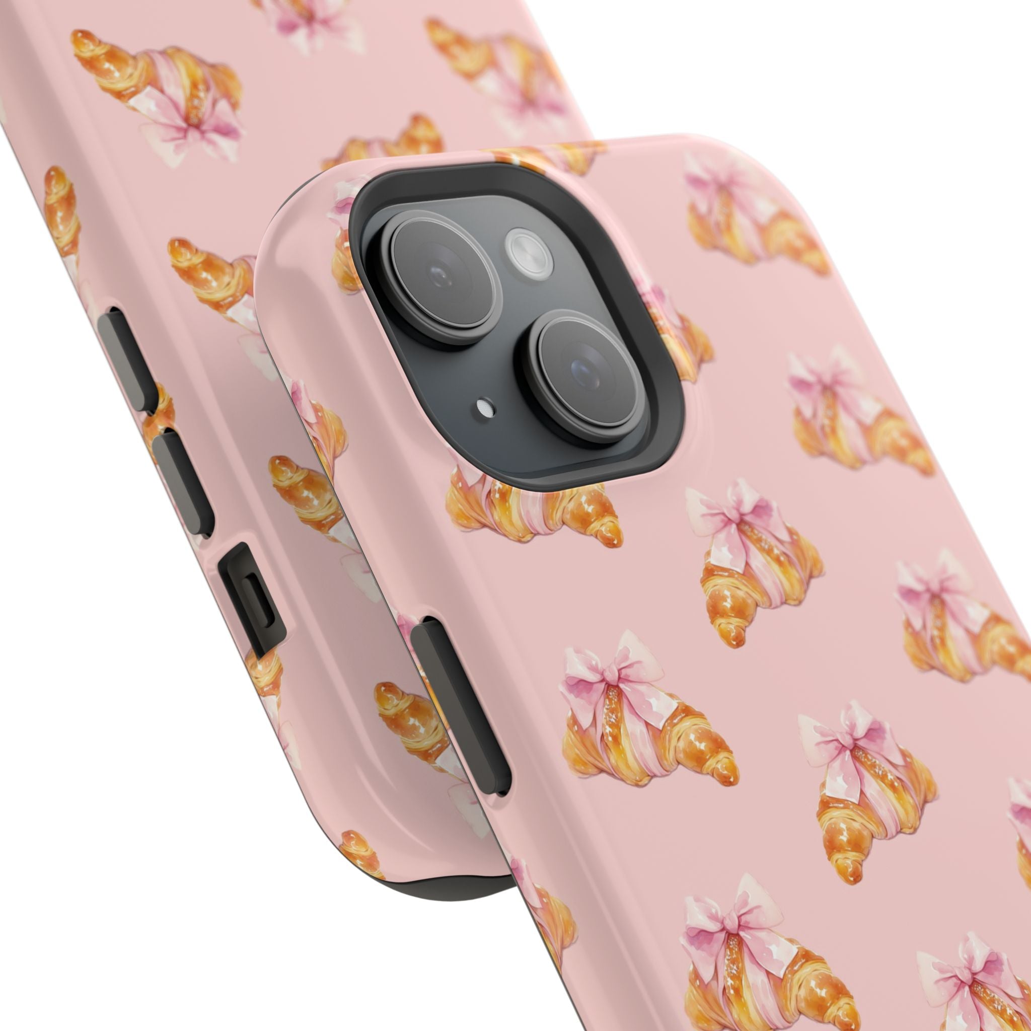 Sweet & Flaky Magnetic iPhone Case – Pink Croissant Pattern with Bows