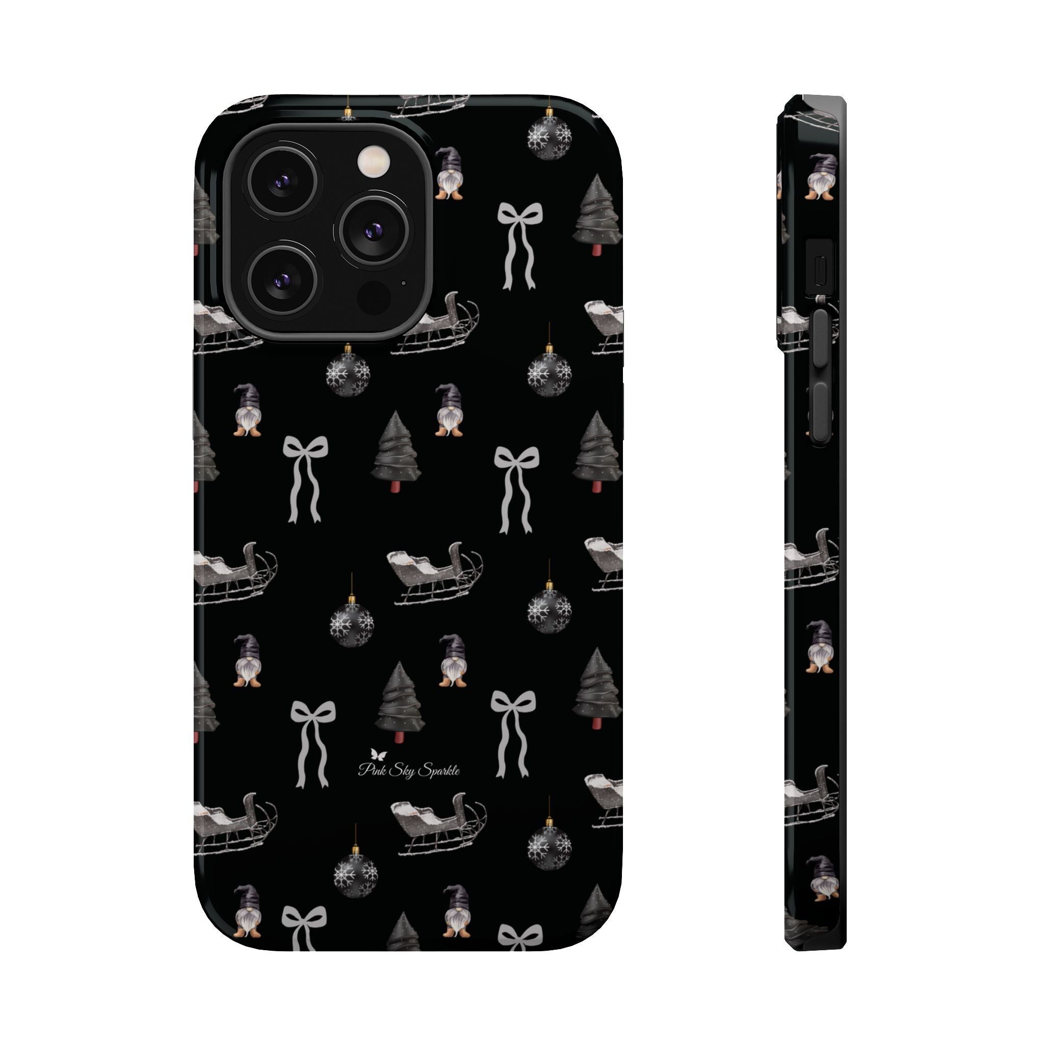 Phone case with Christmas-themed design on a black background