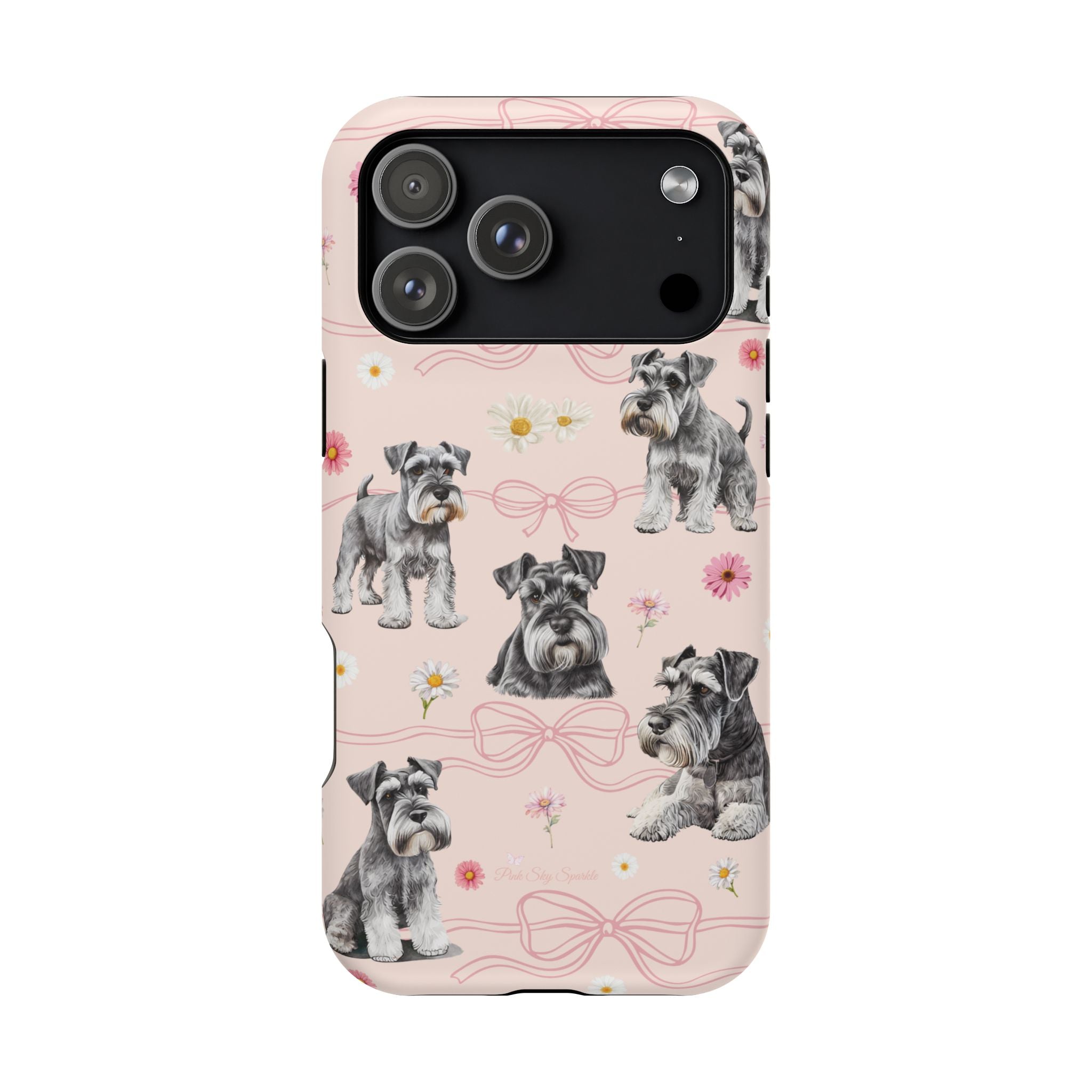 Daisy Dog Magnetic iPhone Case featuring Schnauzer and pink floral pattern.