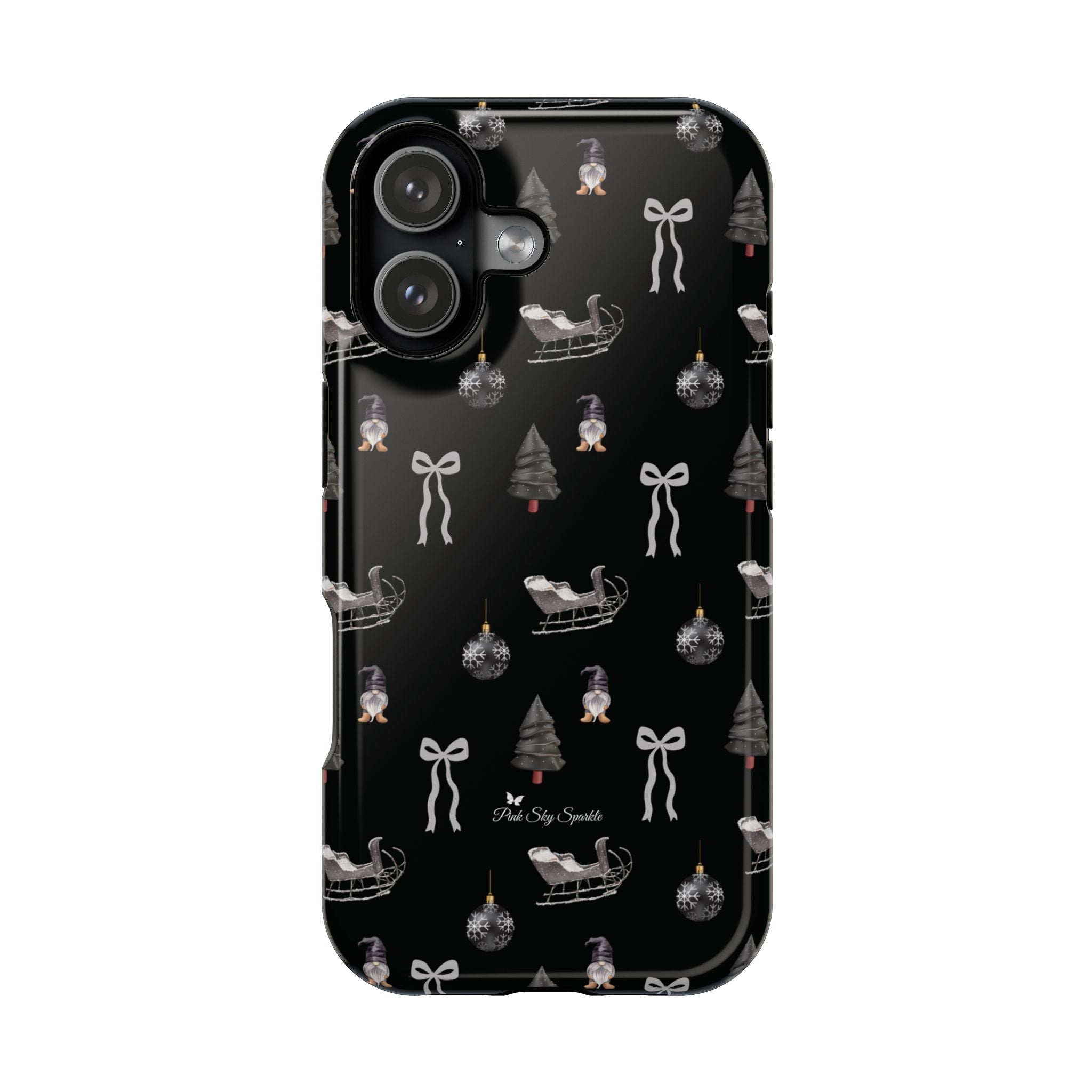 Phone case with Christmas-themed design on a black background