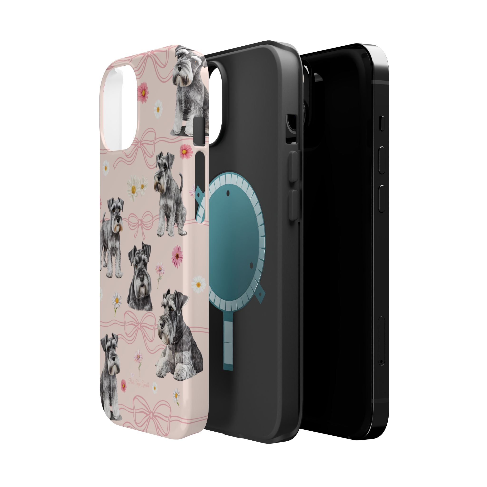 Daisy Dog Magnetic iPhone Case featuring Schnauzer and pink floral pattern.