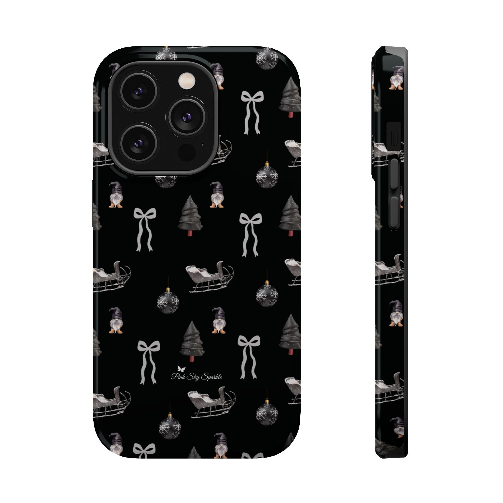 Phone case with Christmas-themed design on a black background