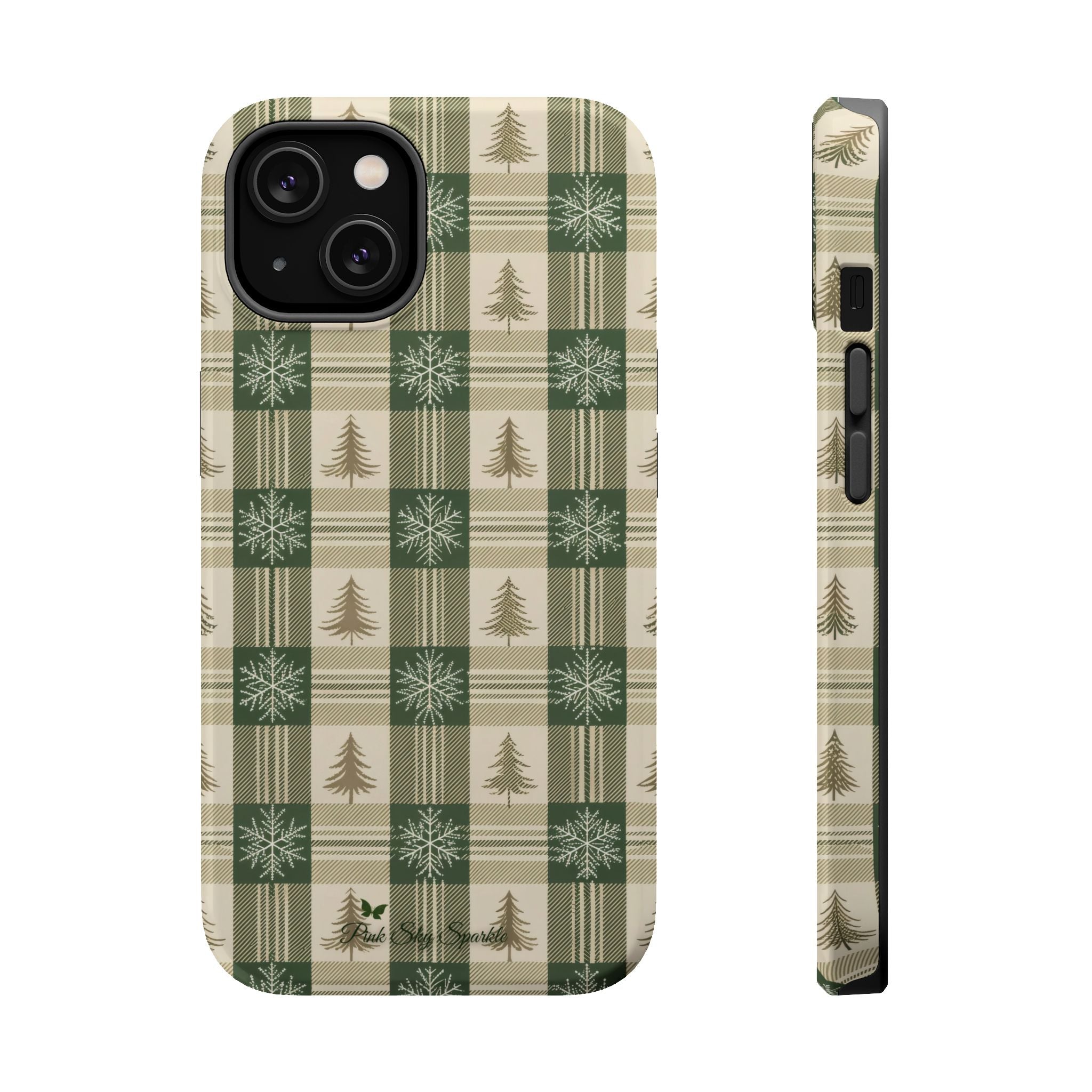 Winter Forest Magnetic iPhone Case – Green Plaid Snowflake Pattern