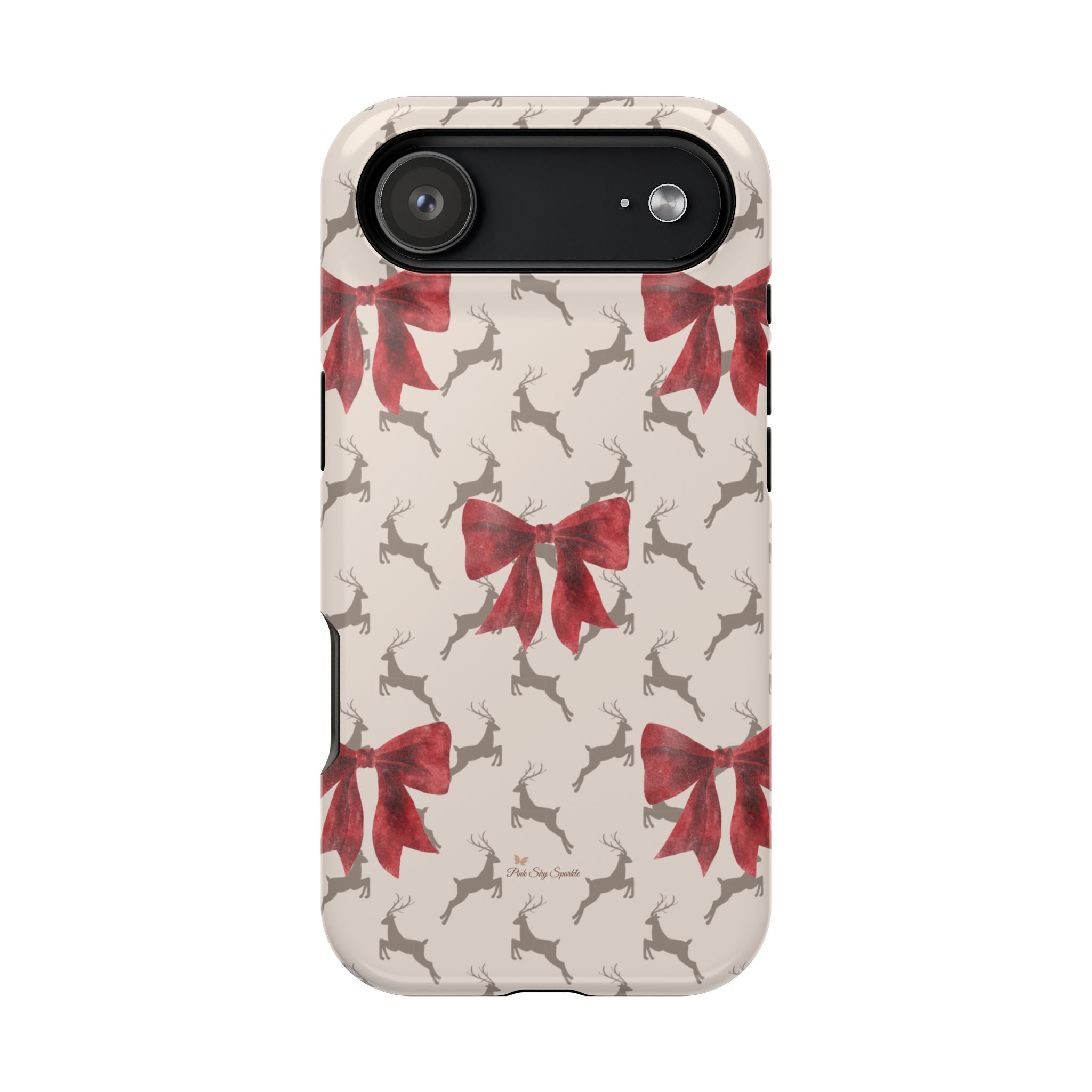 Phone case with red bow and deer pattern on a beige background