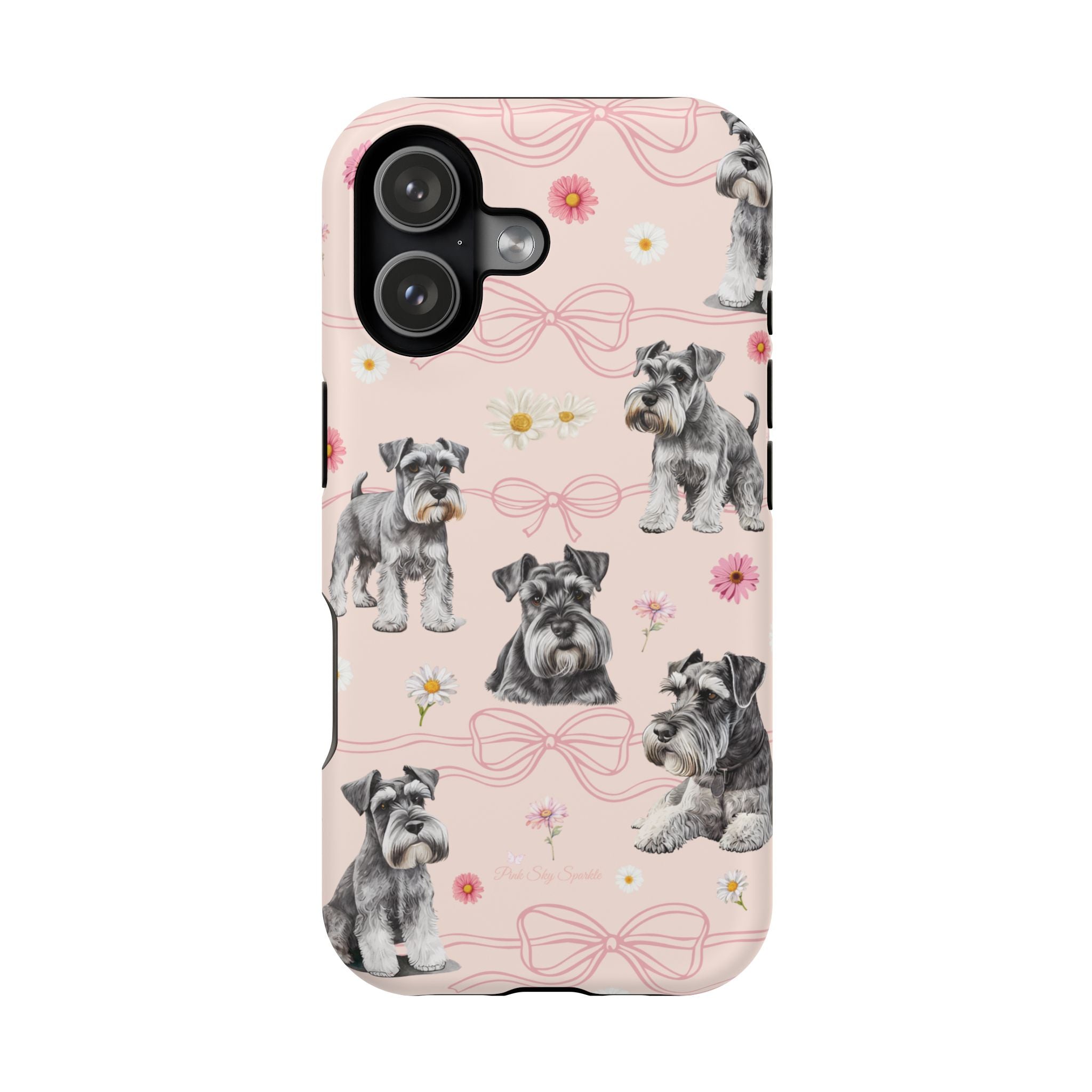 Daisy Dog Magnetic iPhone Case featuring Schnauzer and pink floral pattern.