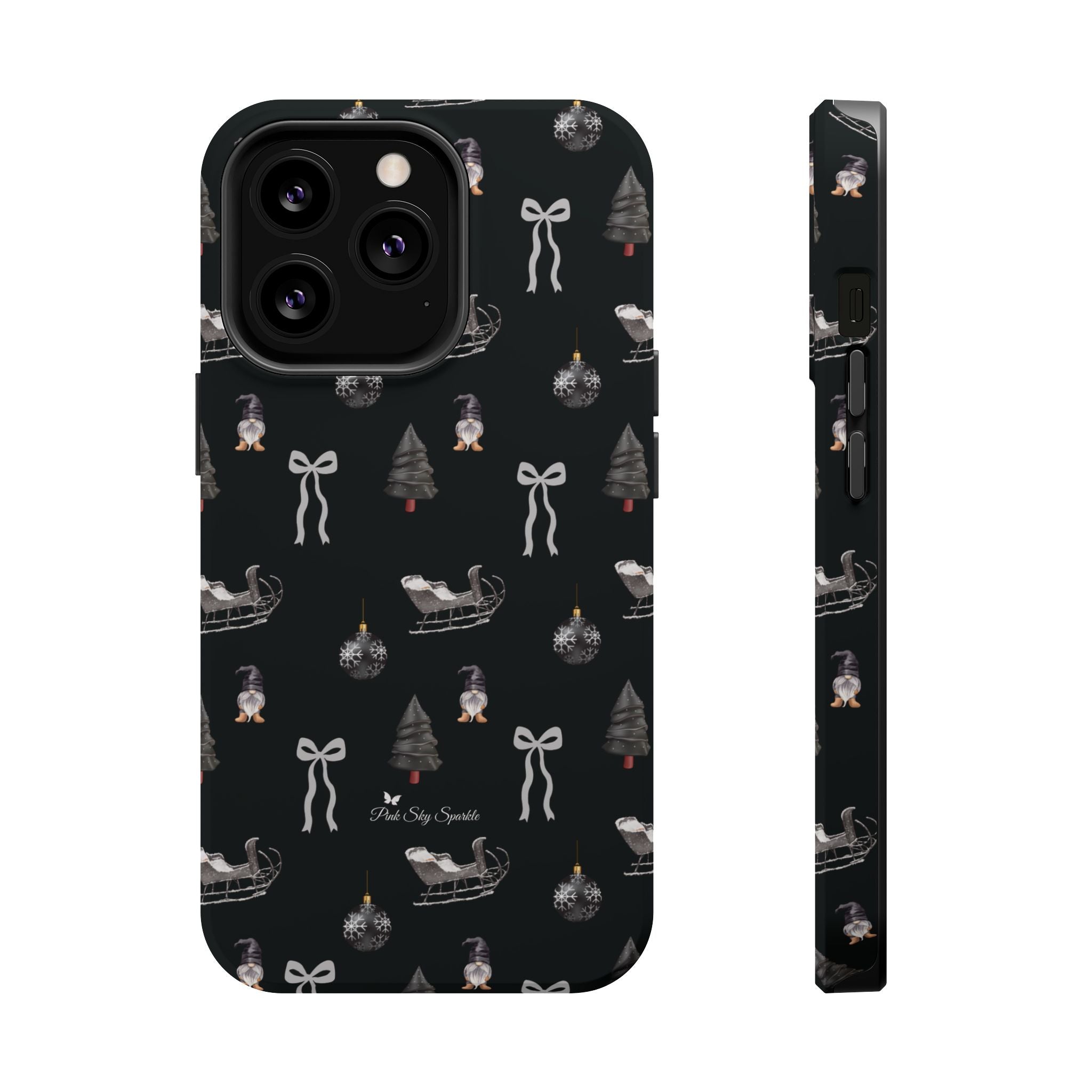 Sleek black iPhone case with silver Christmas sleigh, bows, and ornaments pattern