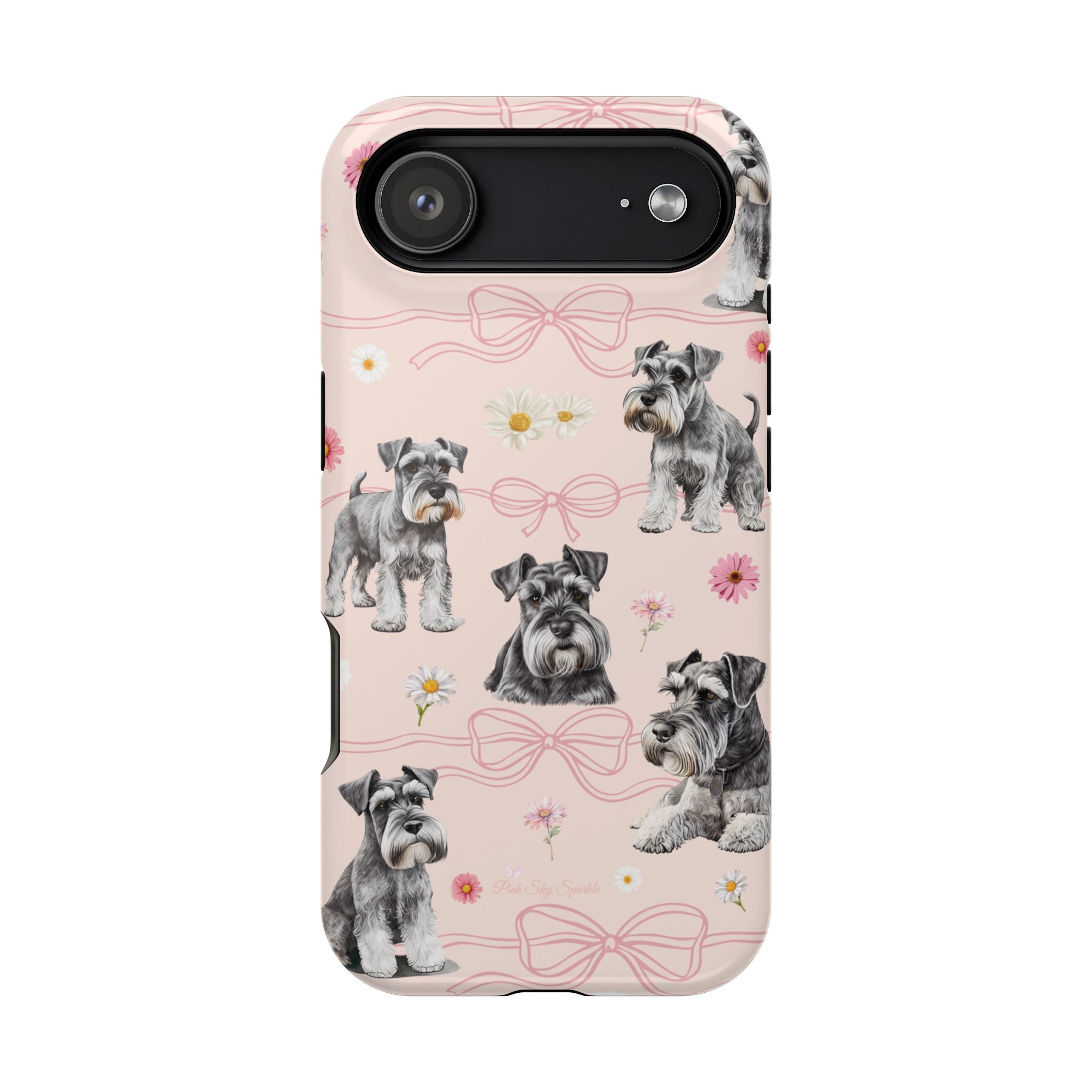 Daisy Dog Magnetic iPhone Case featuring Schnauzer and pink floral pattern.
