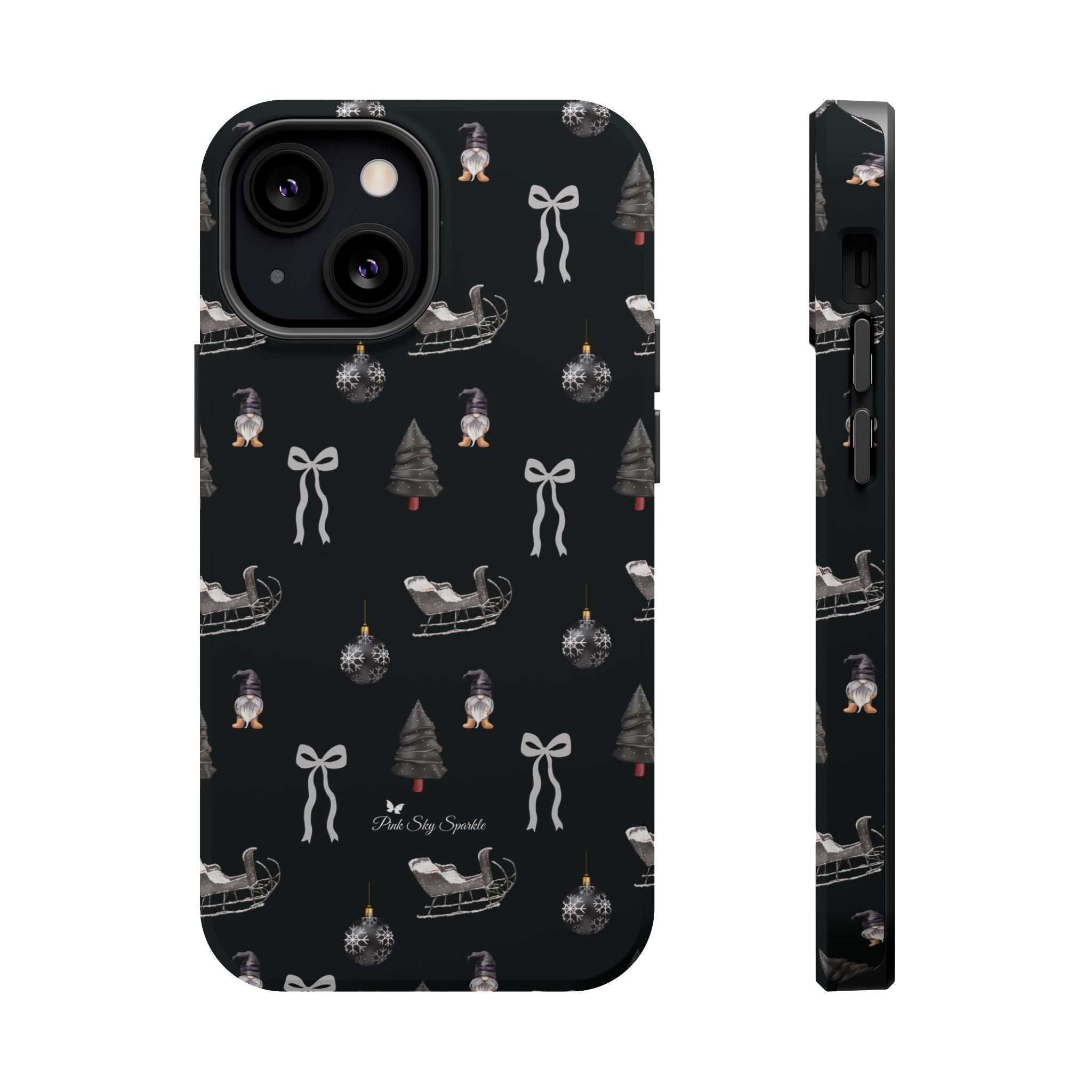 Phone case with Christmas-themed design on a black background