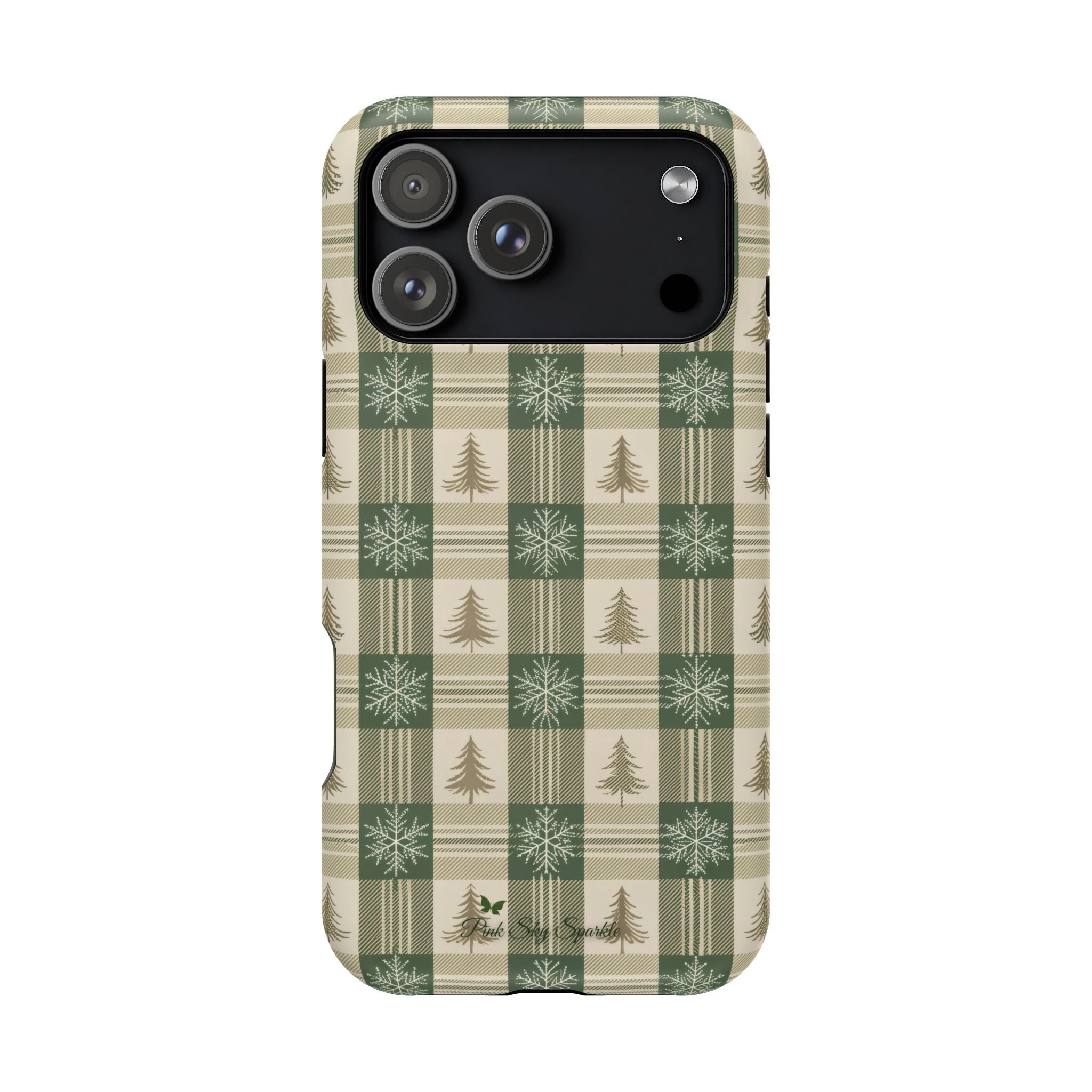 Winter Forest Magnetic iPhone Case – Green Plaid Snowflake Pattern