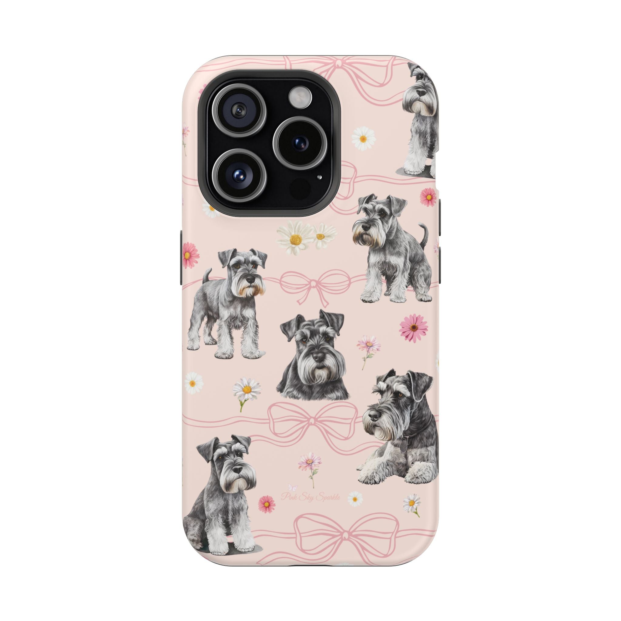 Daisy Dog Magnetic iPhone Case featuring Schnauzer and pink floral pattern.