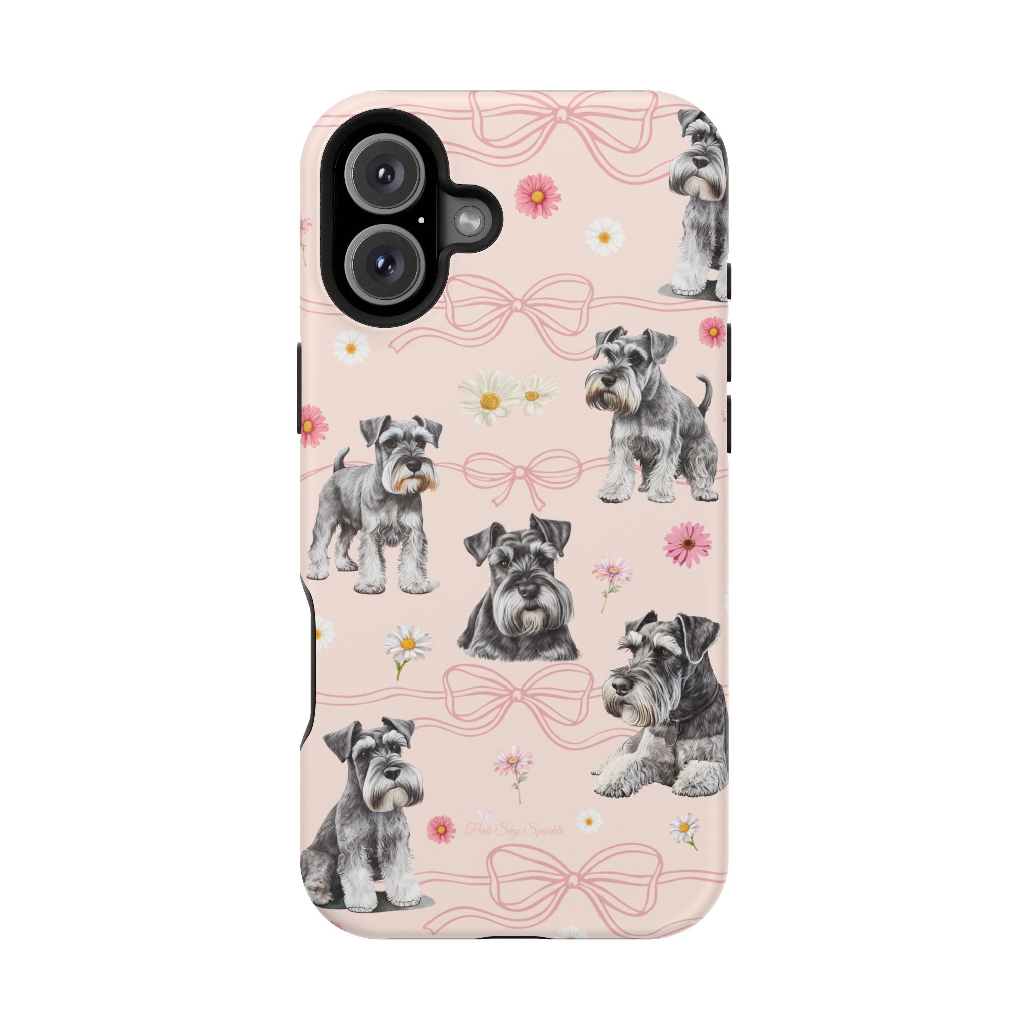 Daisy Dog Magnetic iPhone Case featuring Schnauzer and pink floral pattern.