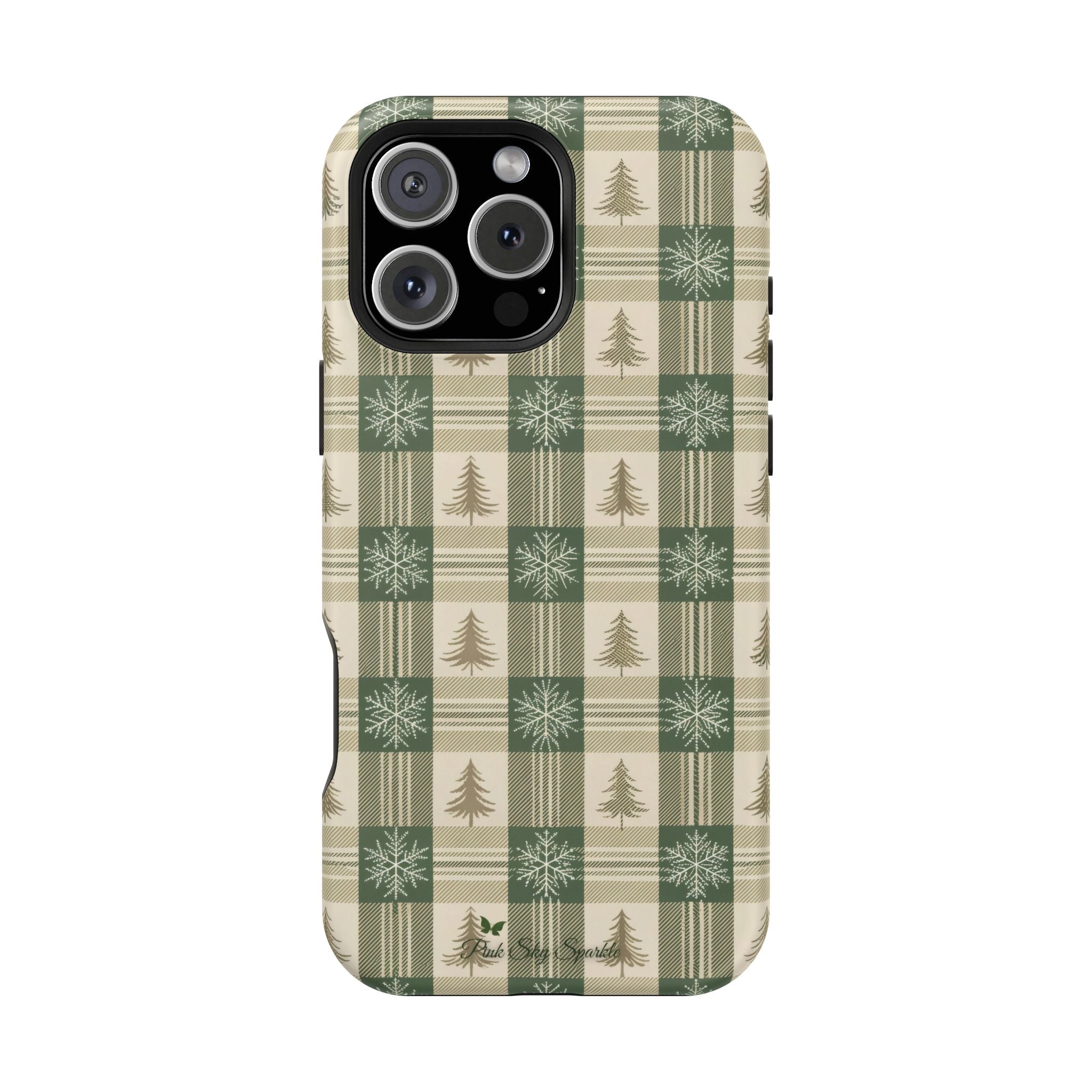 Winter Forest Magnetic iPhone Case – Green Plaid Snowflake Pattern