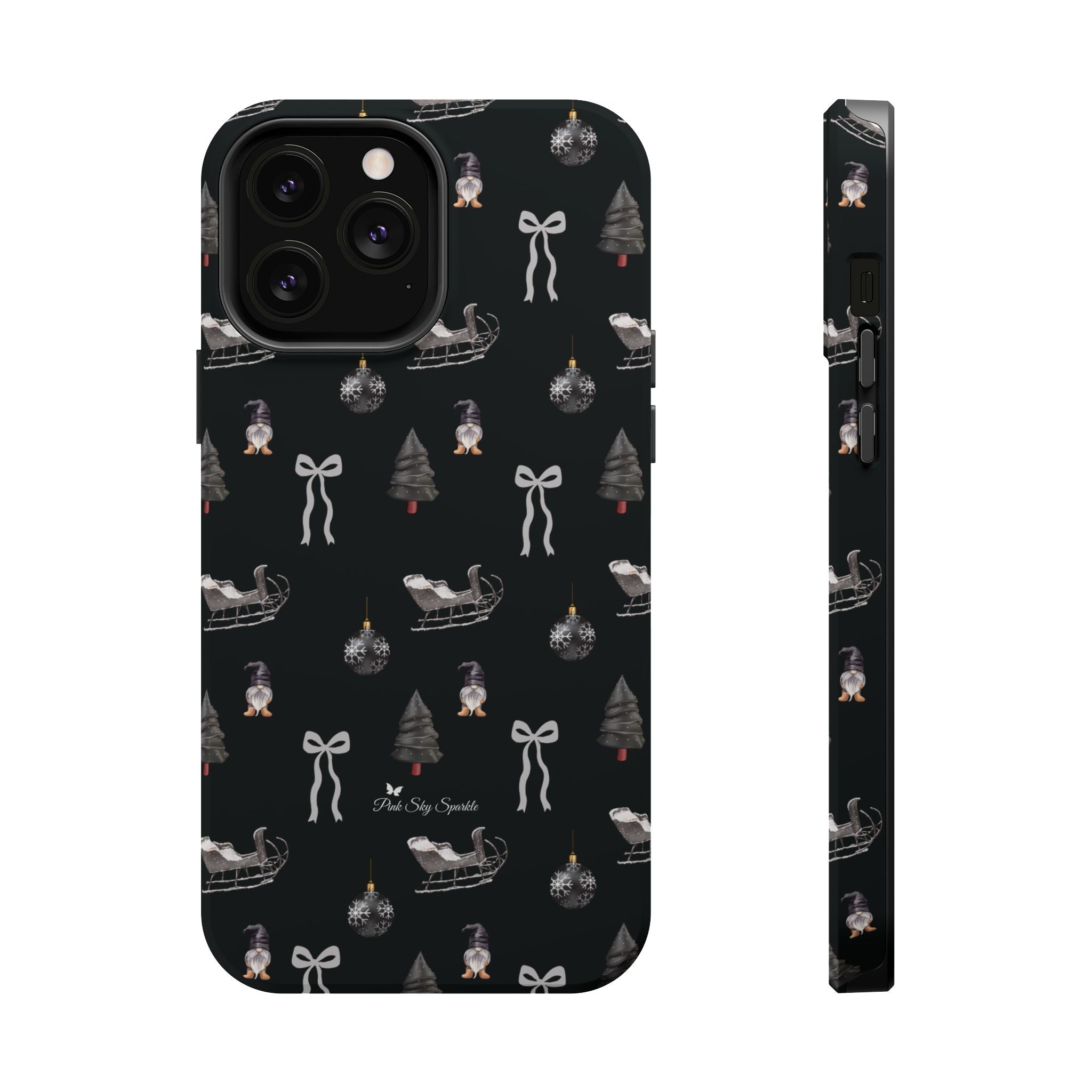 Sleek black iPhone case with silver Christmas sleigh, bows, and ornaments pattern