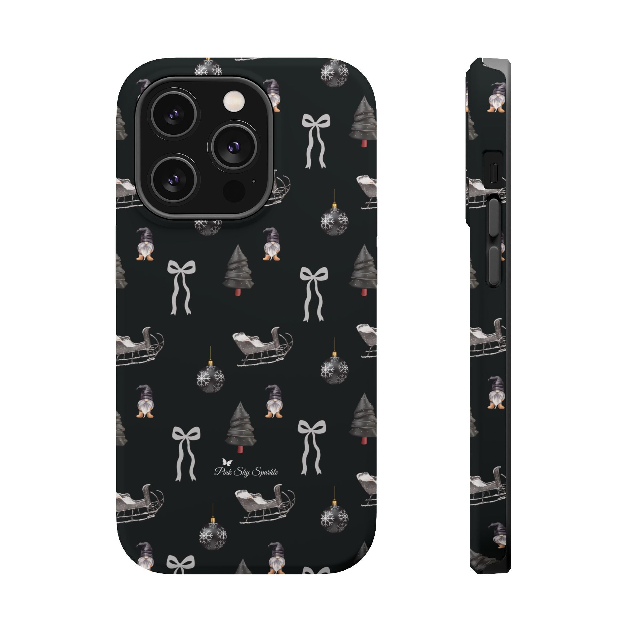 Phone case with Christmas-themed design on a black background