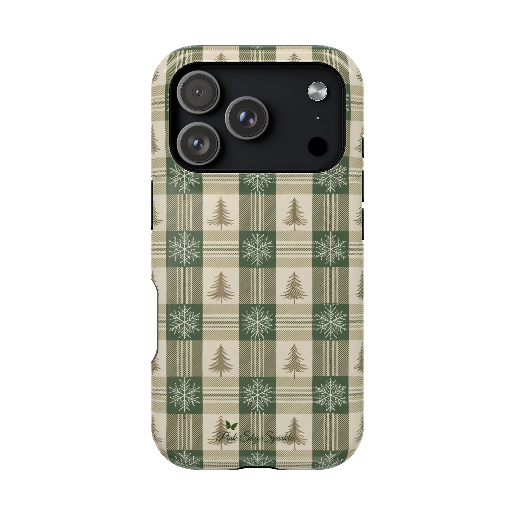 Winter Forest Magnetic iPhone Case – Green Plaid Snowflake Pattern