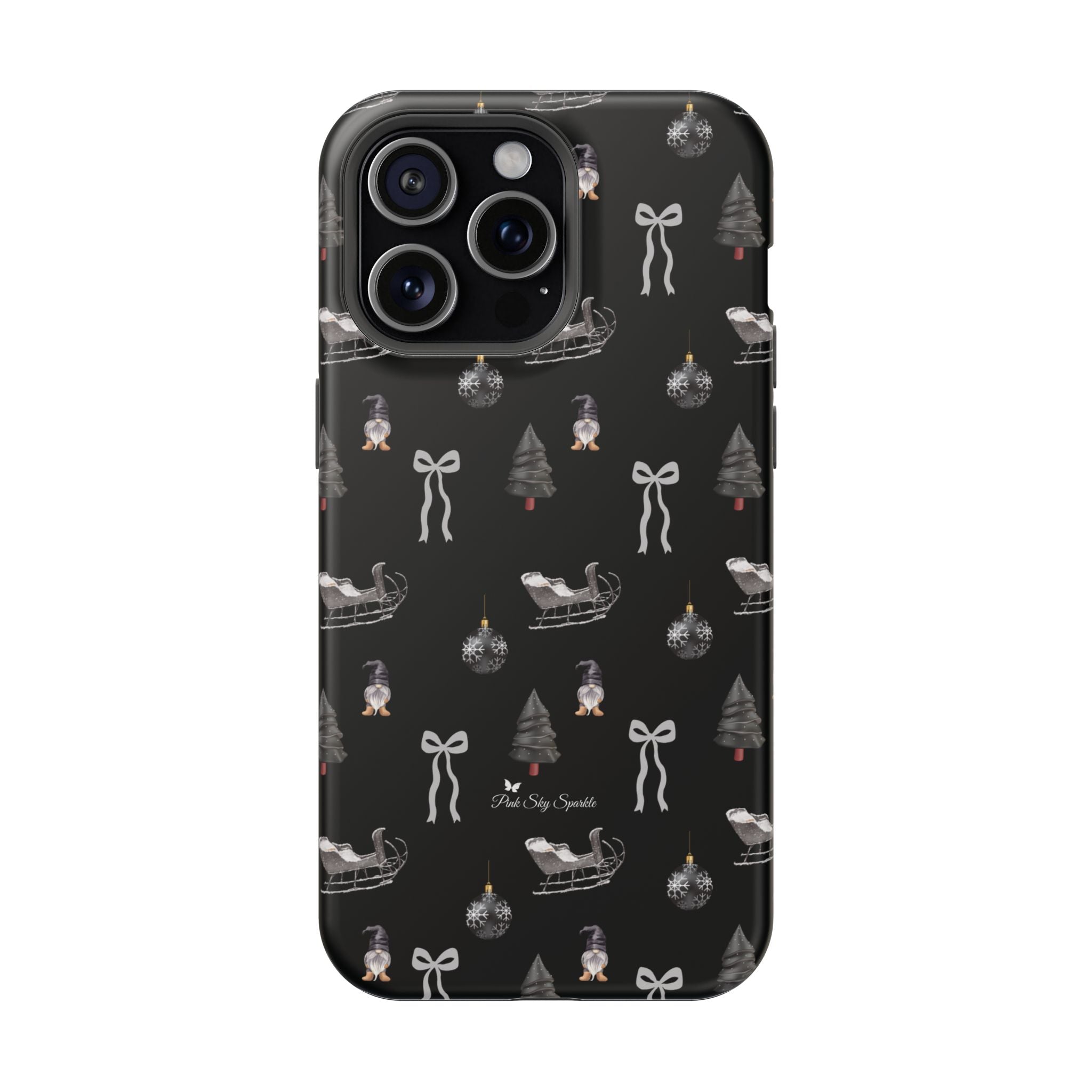 Holiday phone case in grey and black with festive sleigh and tree design