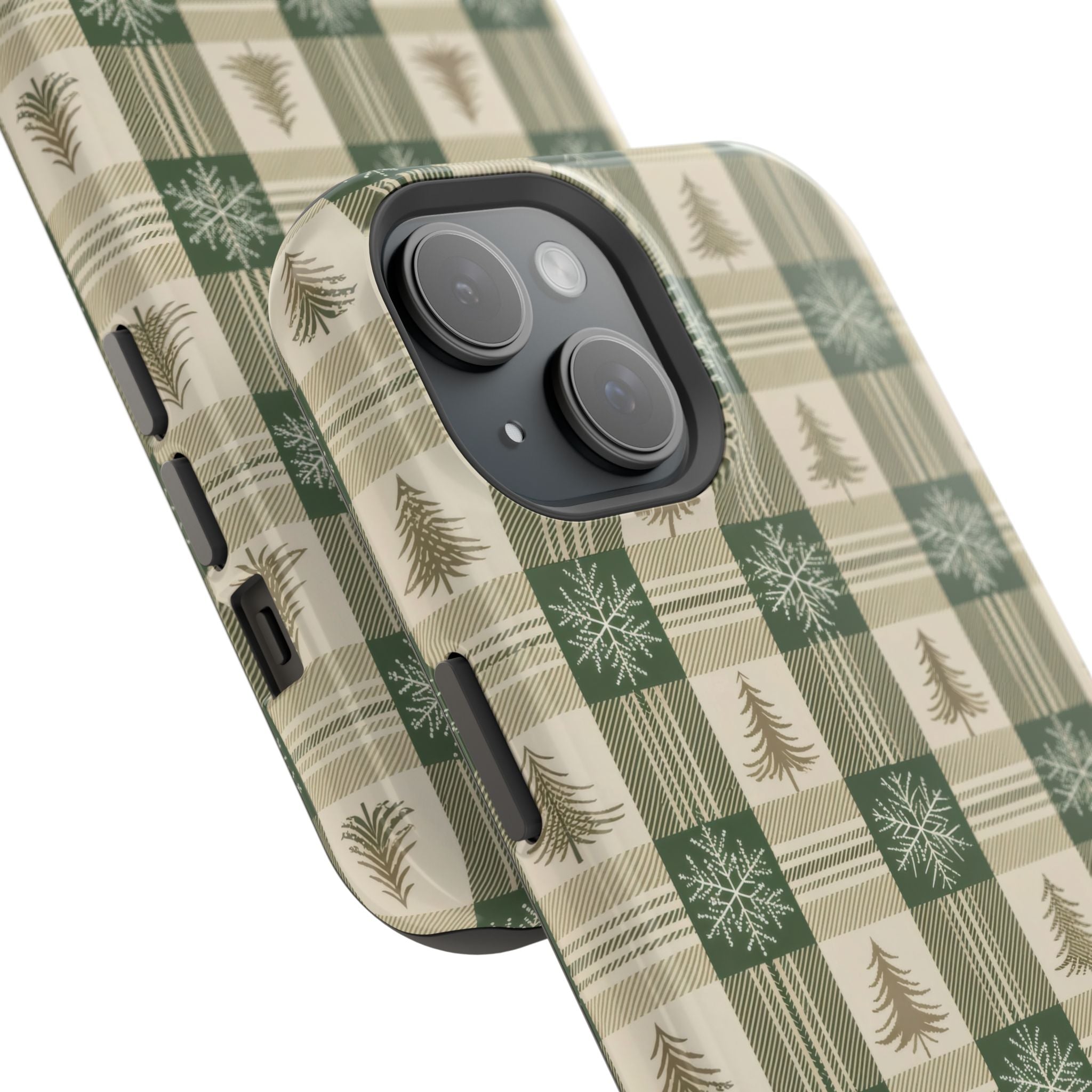 Winter Forest Magnetic iPhone Case – Green Plaid Snowflake Pattern