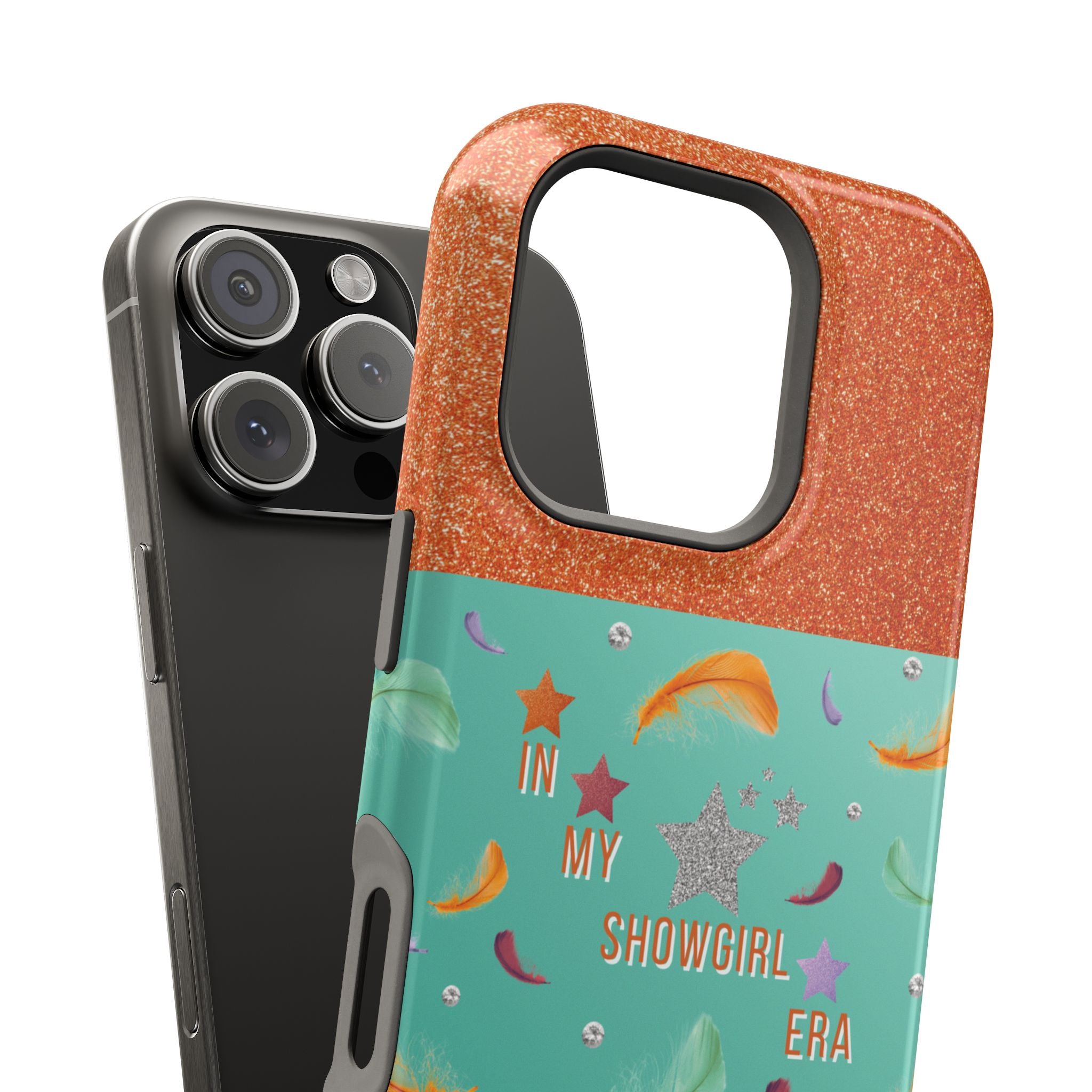 Taylor Swift Themed Phone Case with faux orange glitter and teal/mint green section the middle with feathers and diamonds and the word In my Showgirl Era.