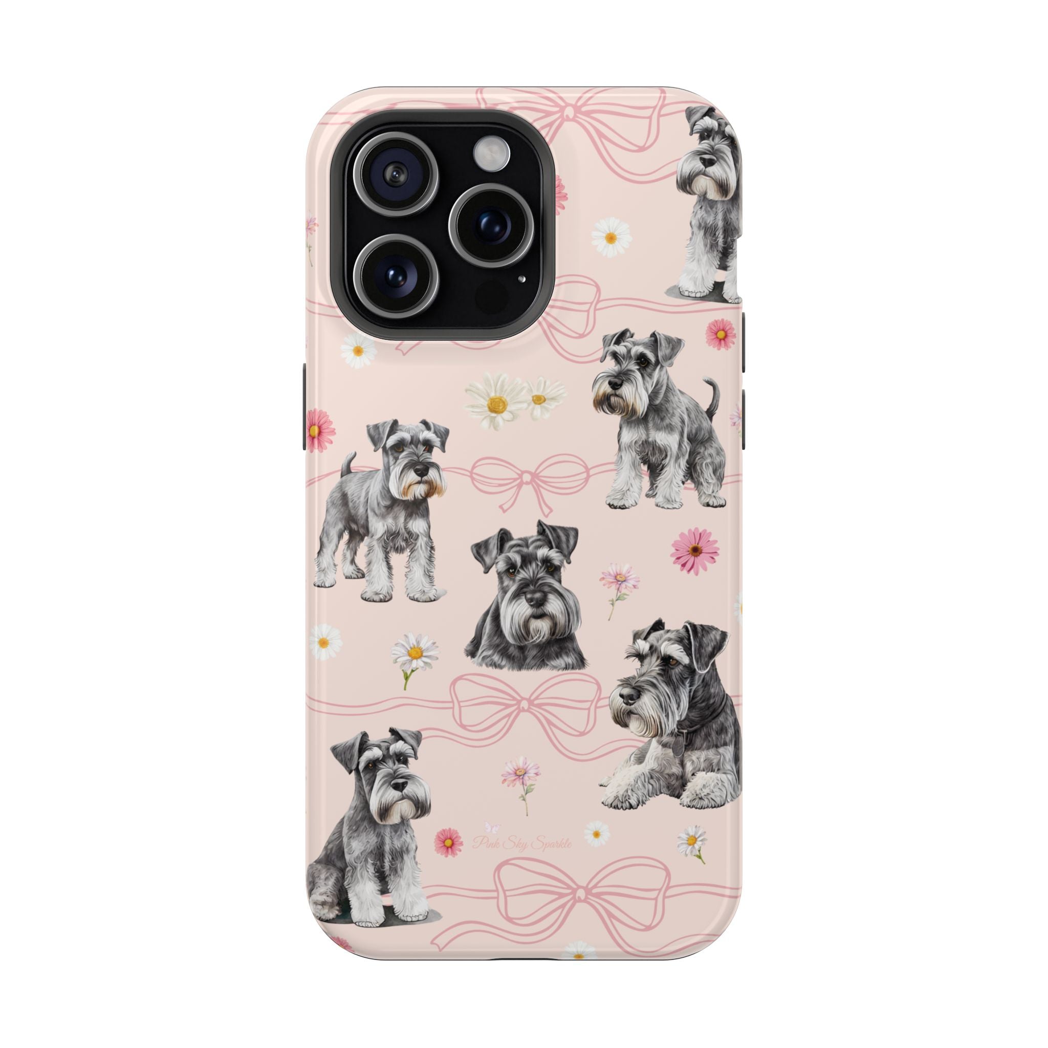 Daisy Dog Magnetic iPhone Case featuring Schnauzer and pink floral pattern.