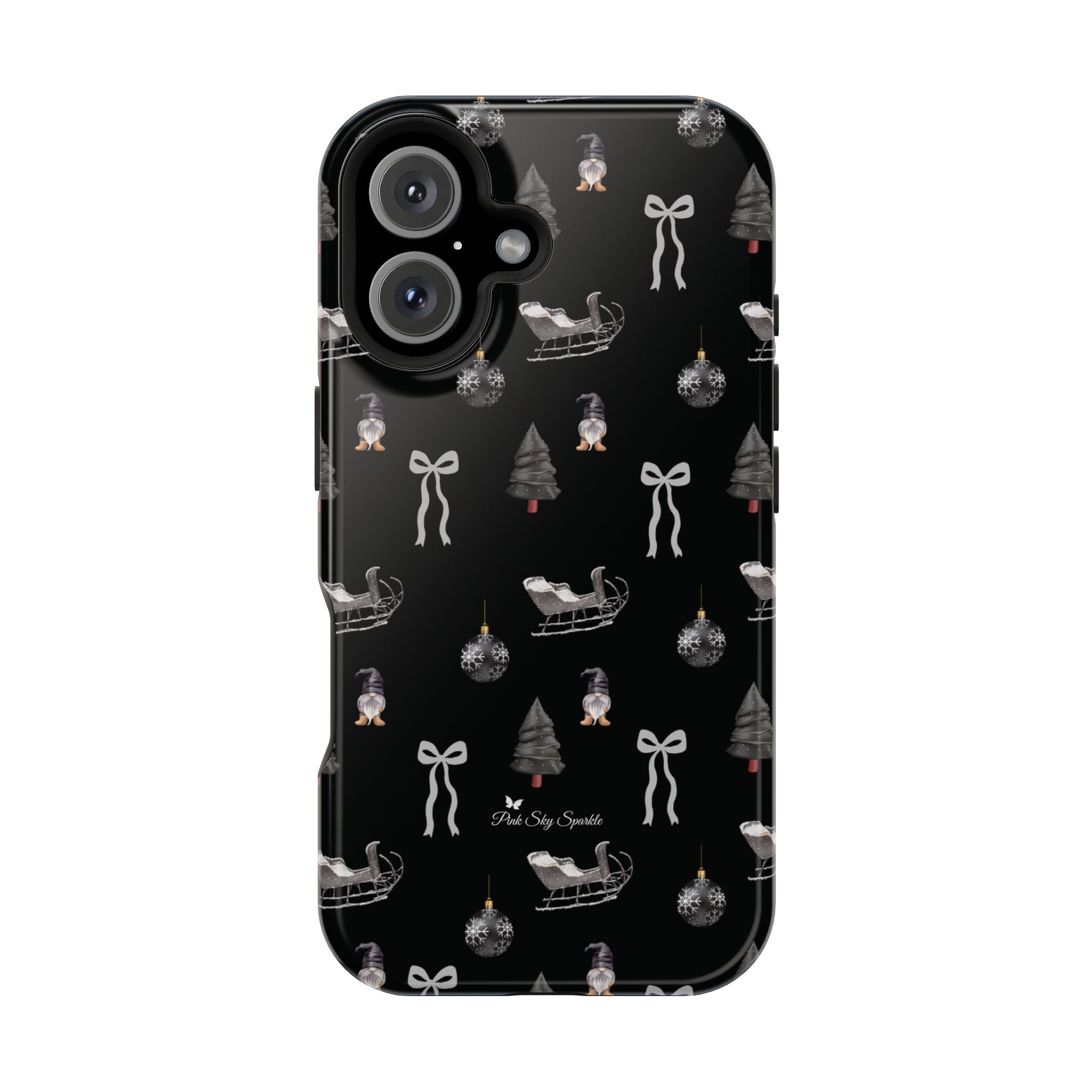Holiday phone case in grey and black with festive sleigh and tree design