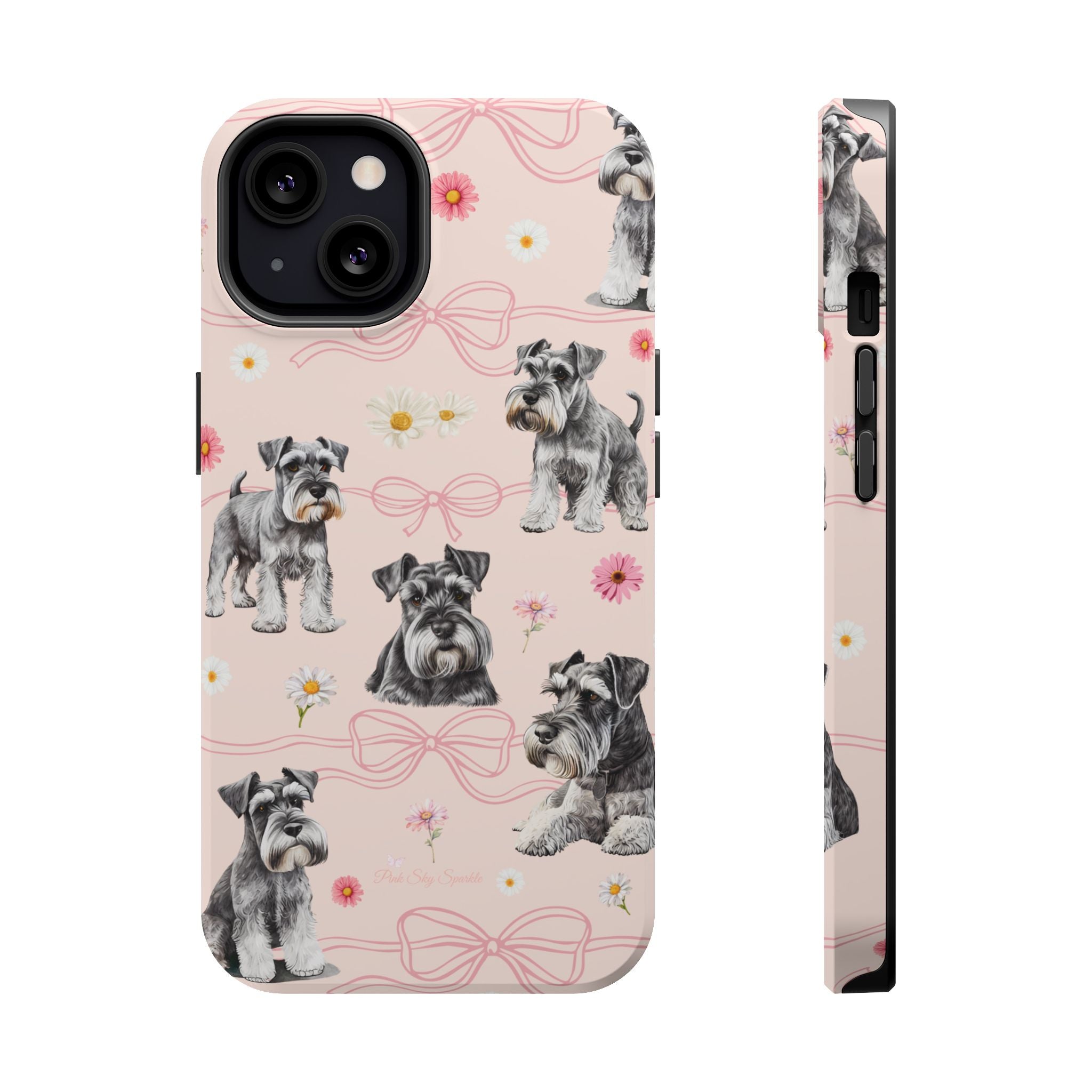 Phone case with Schnauzer dog pattern on a pink background