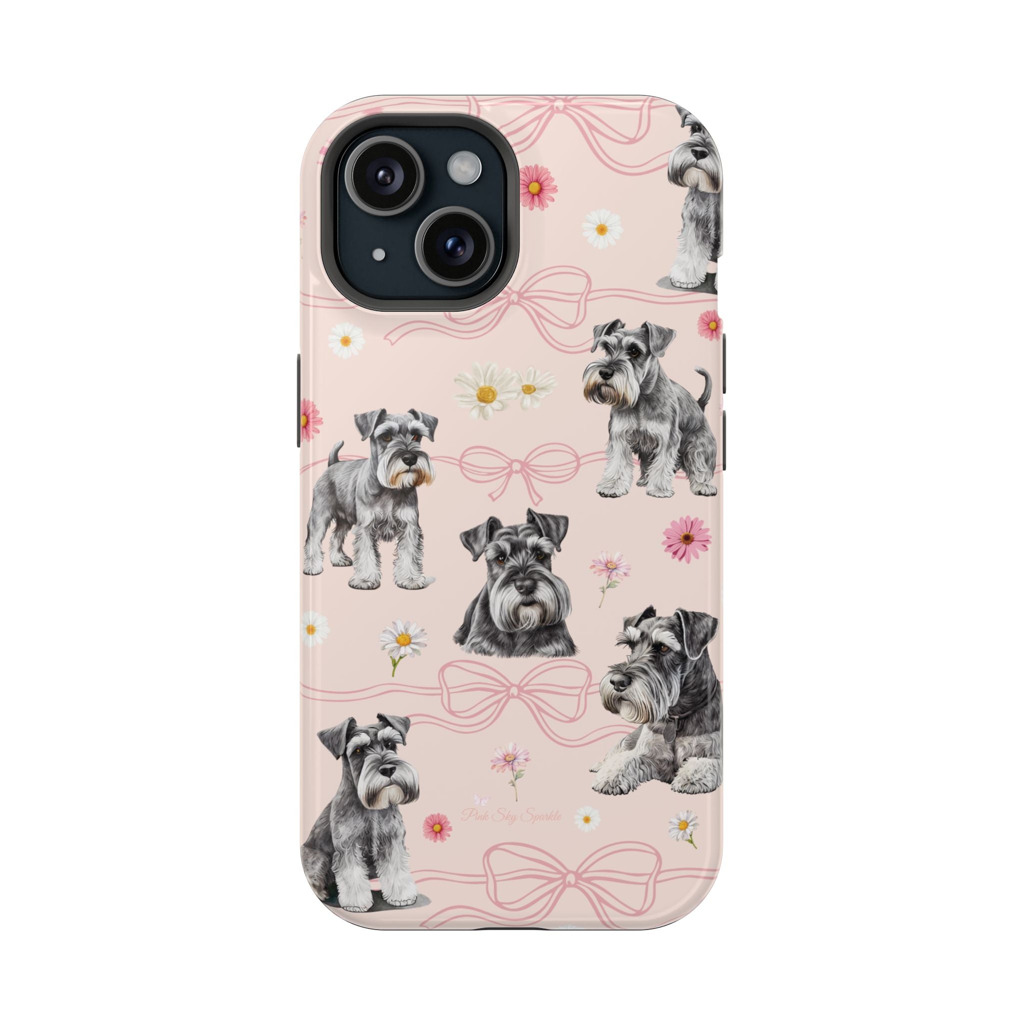 Daisy Dog Magnetic iPhone Case featuring Schnauzer and pink floral pattern.