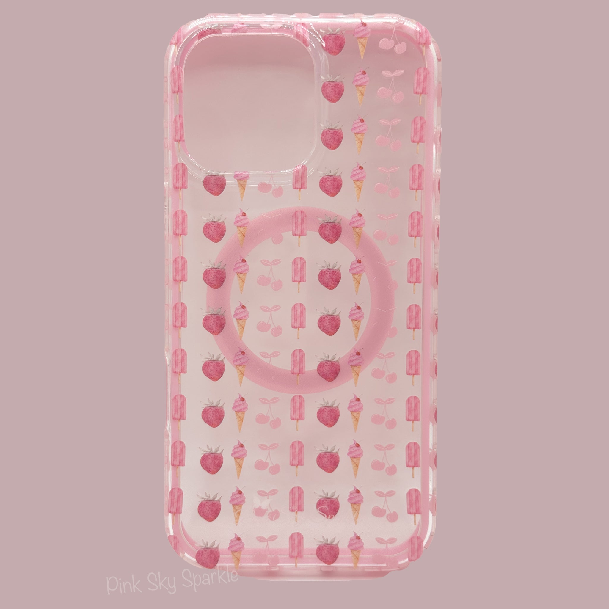 Cherry Berry Swirl Premium Clear MagSafe Case for iPhone 16 Pro Max – PINK SKY SPARKLE Cherry Berry Swirl Premium Clear MagSafe Case for iPhone 16 Pro Max – PINK SKY SPARKLE