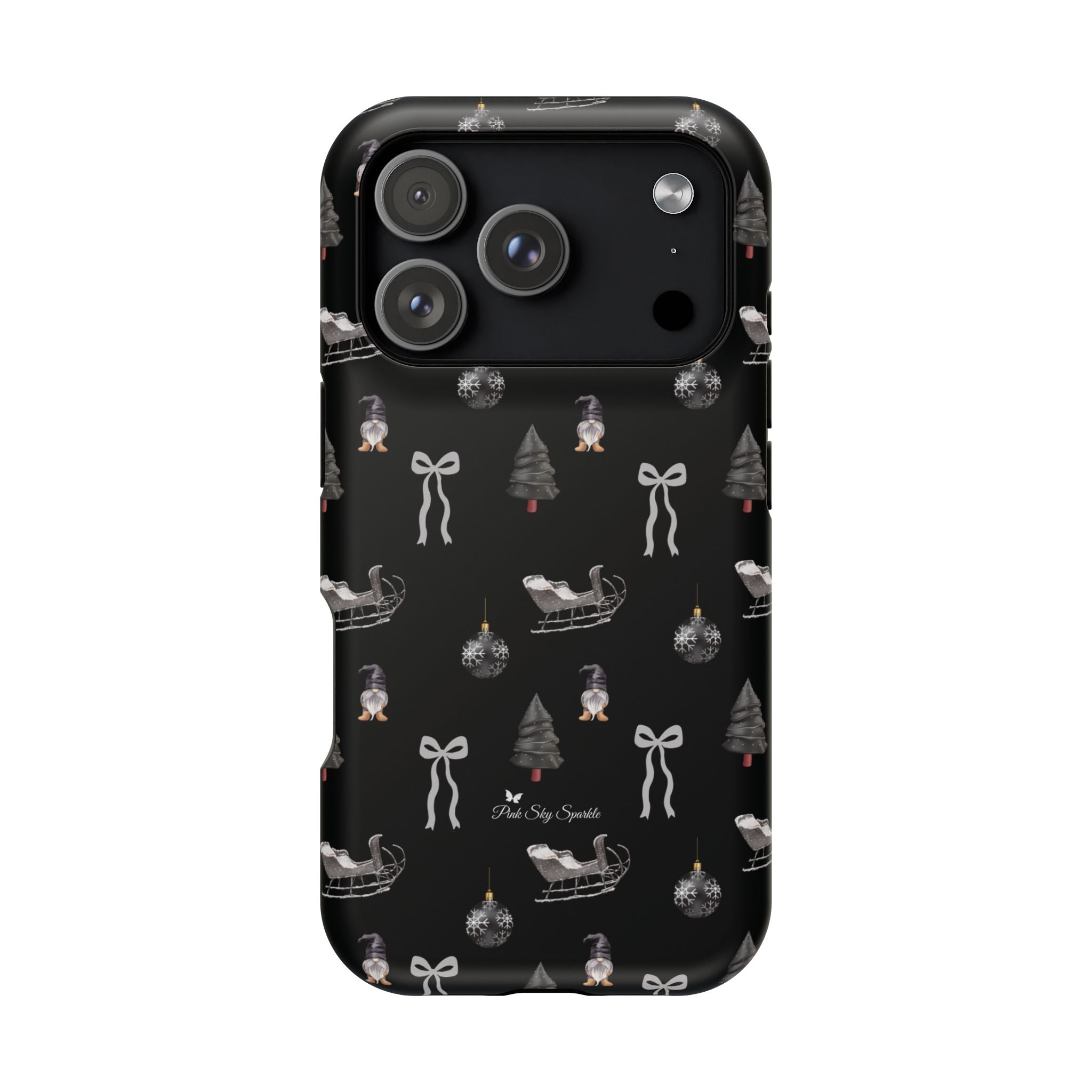 Elegant Christmas iPhone cover featuring silver bows, trees, and sleighs