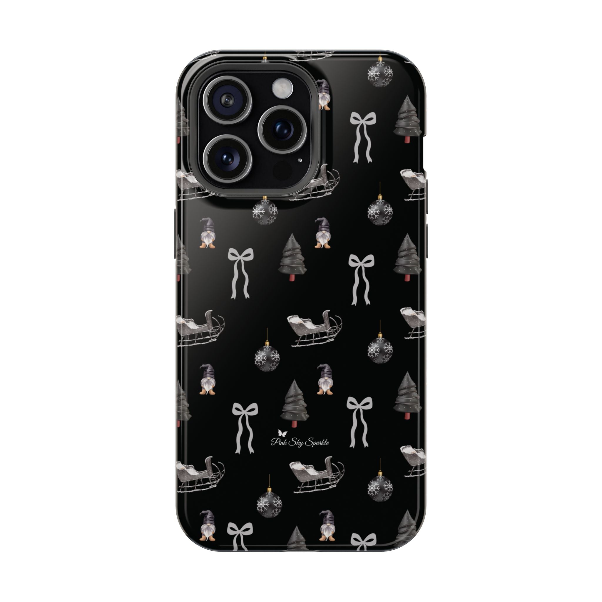 Holiday phone case in grey and black with festive sleigh and tree design