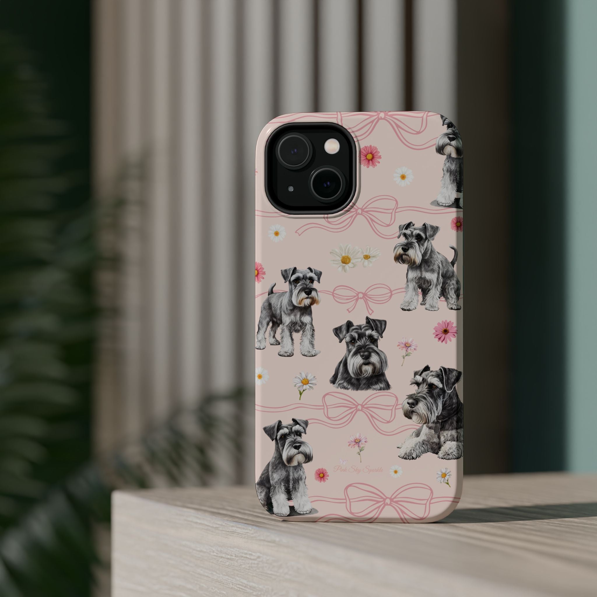 Daisy Dog Magnetic iPhone Case featuring Schnauzer and pink floral pattern.