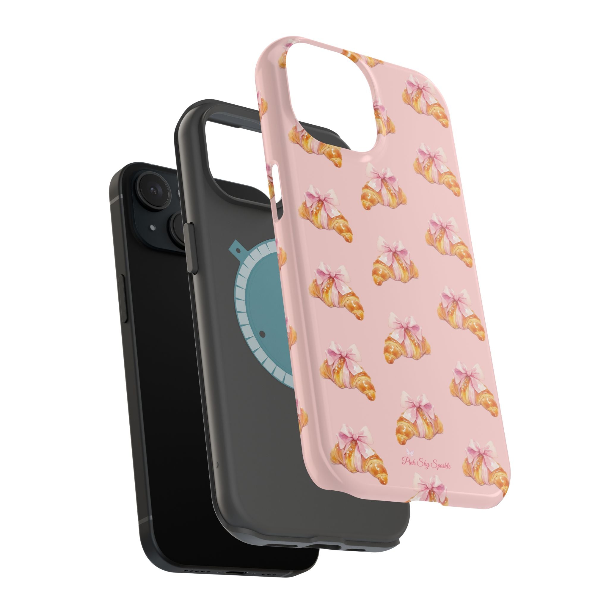 Sweet & Flaky Magnetic iPhone Case – Pink Croissant Pattern with Bows