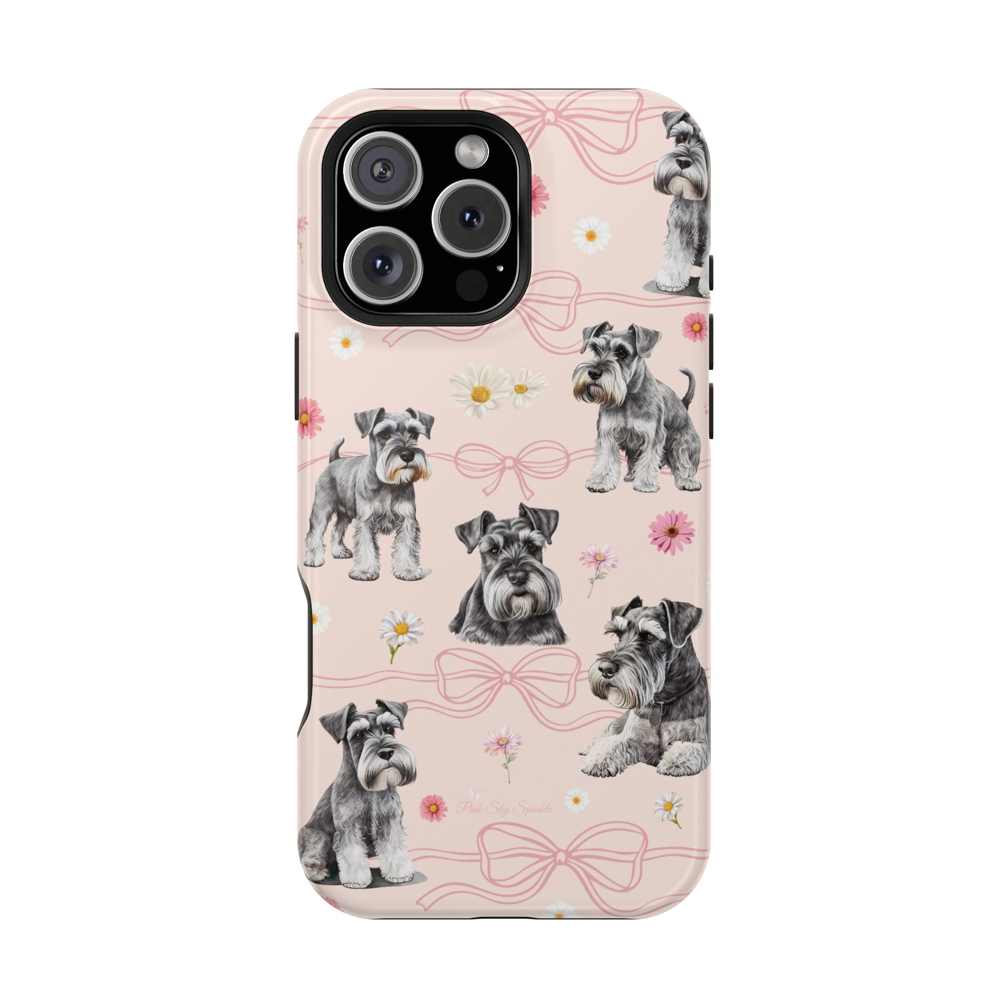 Daisy Dog Magnetic iPhone Case featuring Schnauzer and pink floral pattern.