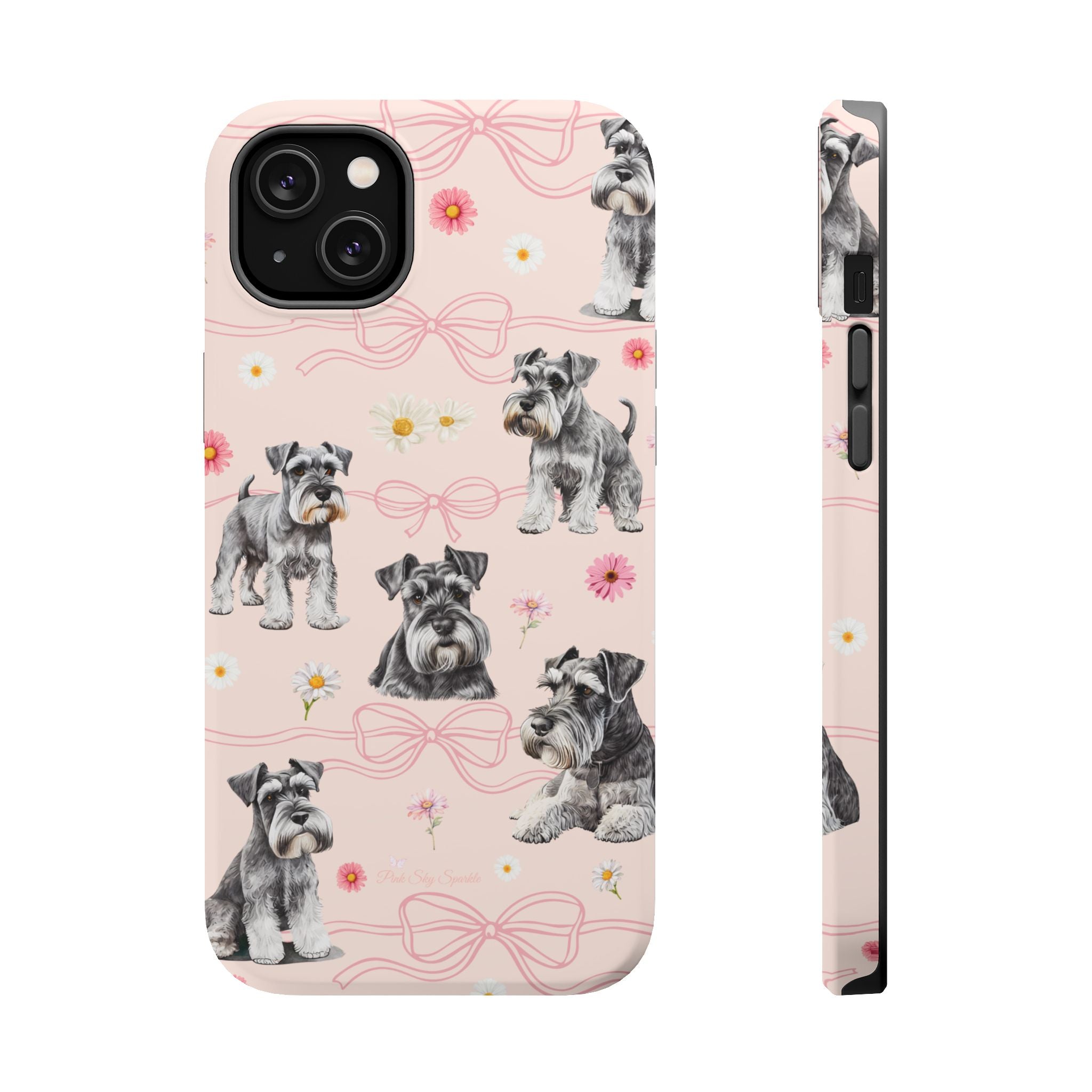 Daisy Dog Magnetic iPhone Case featuring Schnauzer and pink floral pattern.