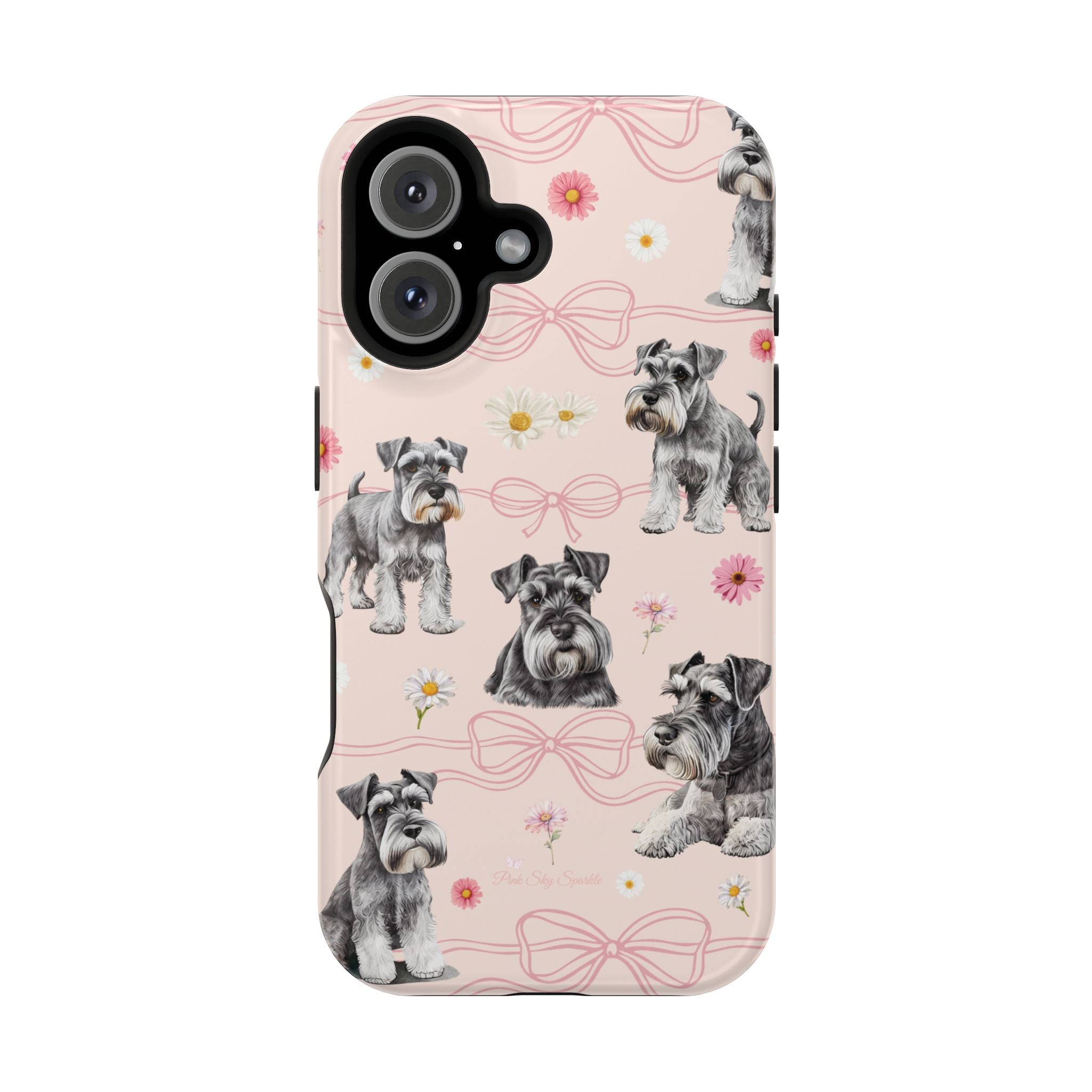 Daisy Dog Magnetic iPhone Case featuring Schnauzer and pink floral pattern.